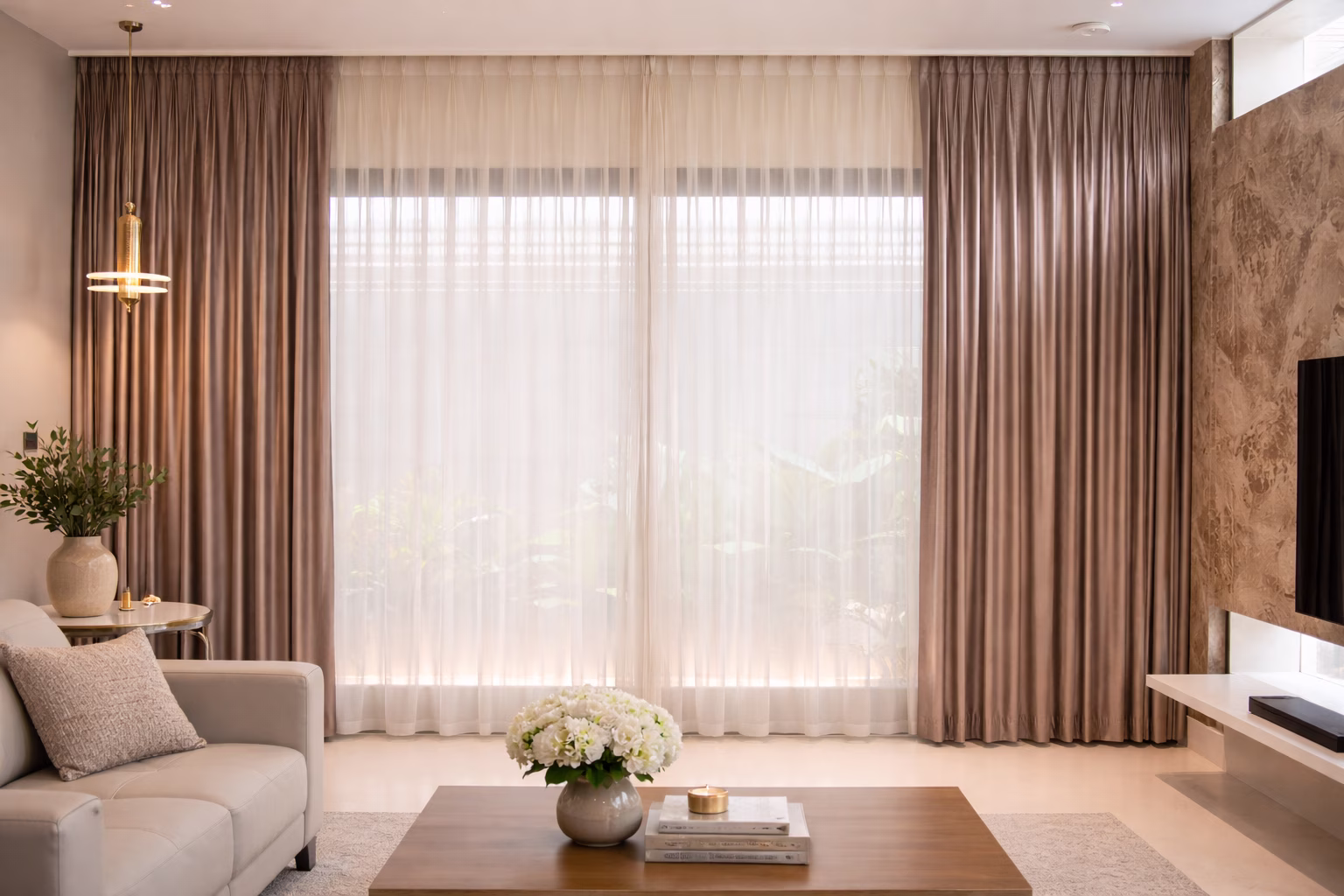 Layered curtain design for living room with sheer and neutral drapes