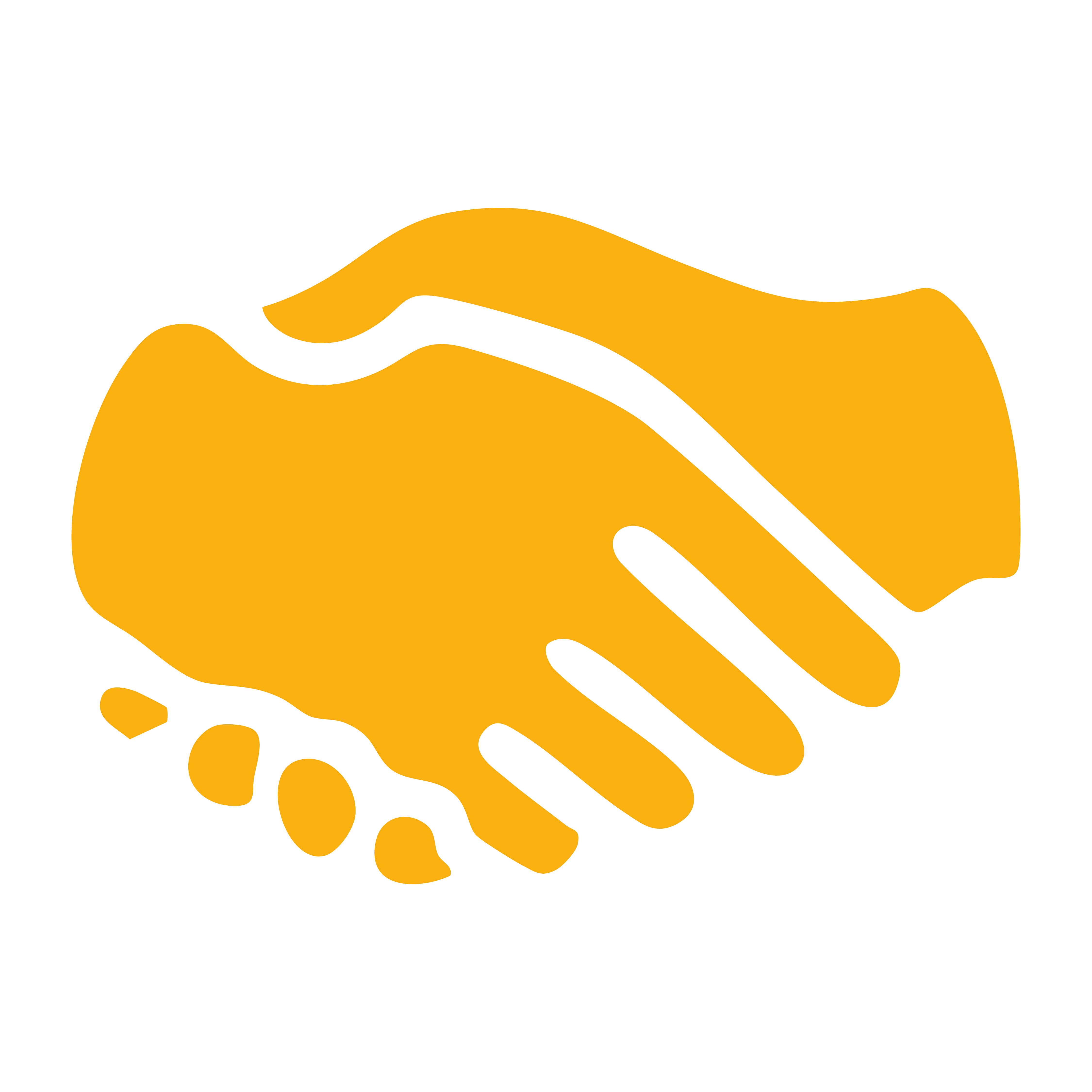 Symbol einer orangefarbenen Handshake-Geste auf schwarzem Hintergrund.