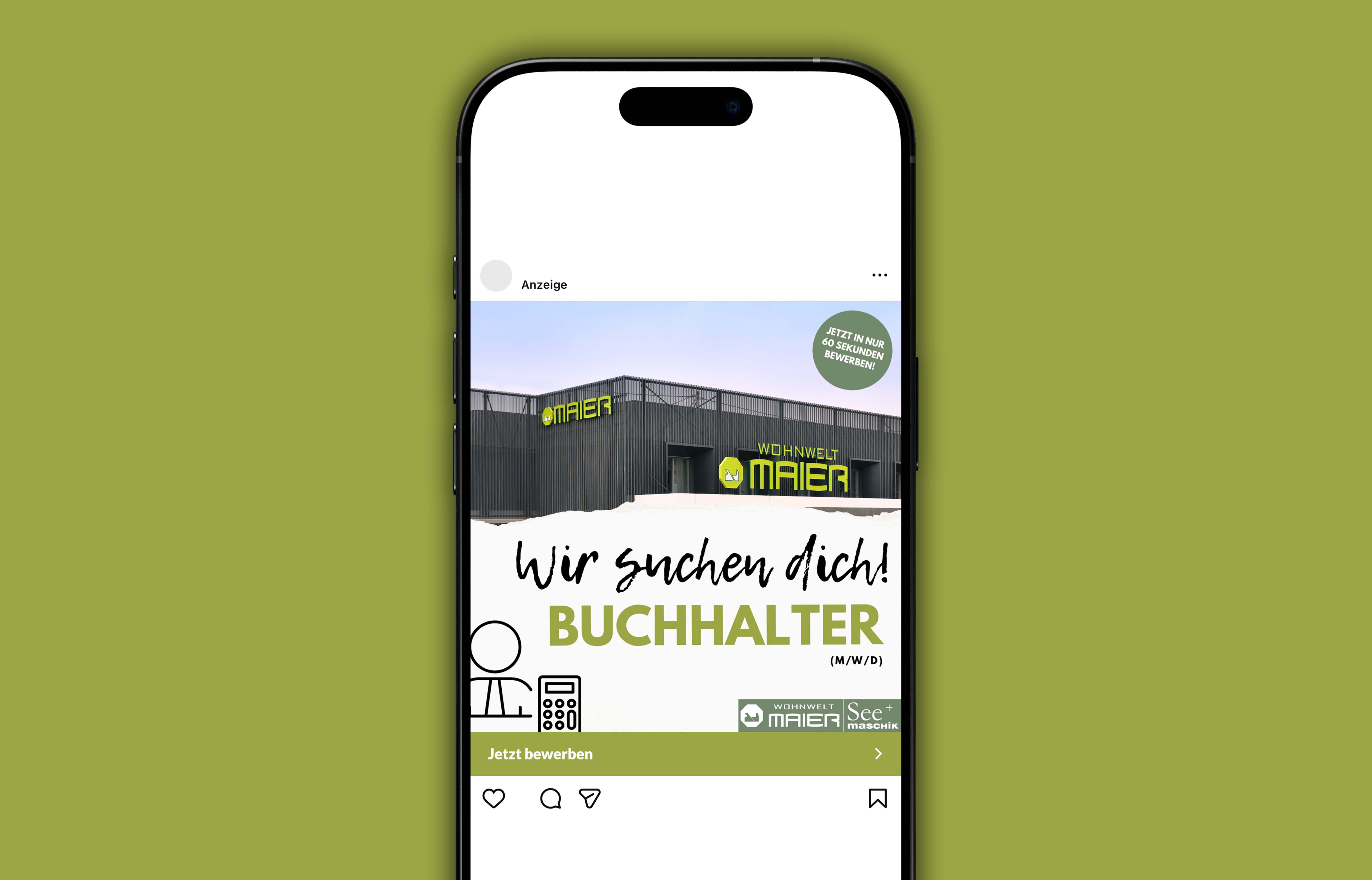 Anzeige auf Smartphone-Bildschirm mit dem Gebäude von Wohnwelt Maier und der Aufforderung, sich als Buchhalter (m/w/d) in 60 Sekunden zu bewerben.