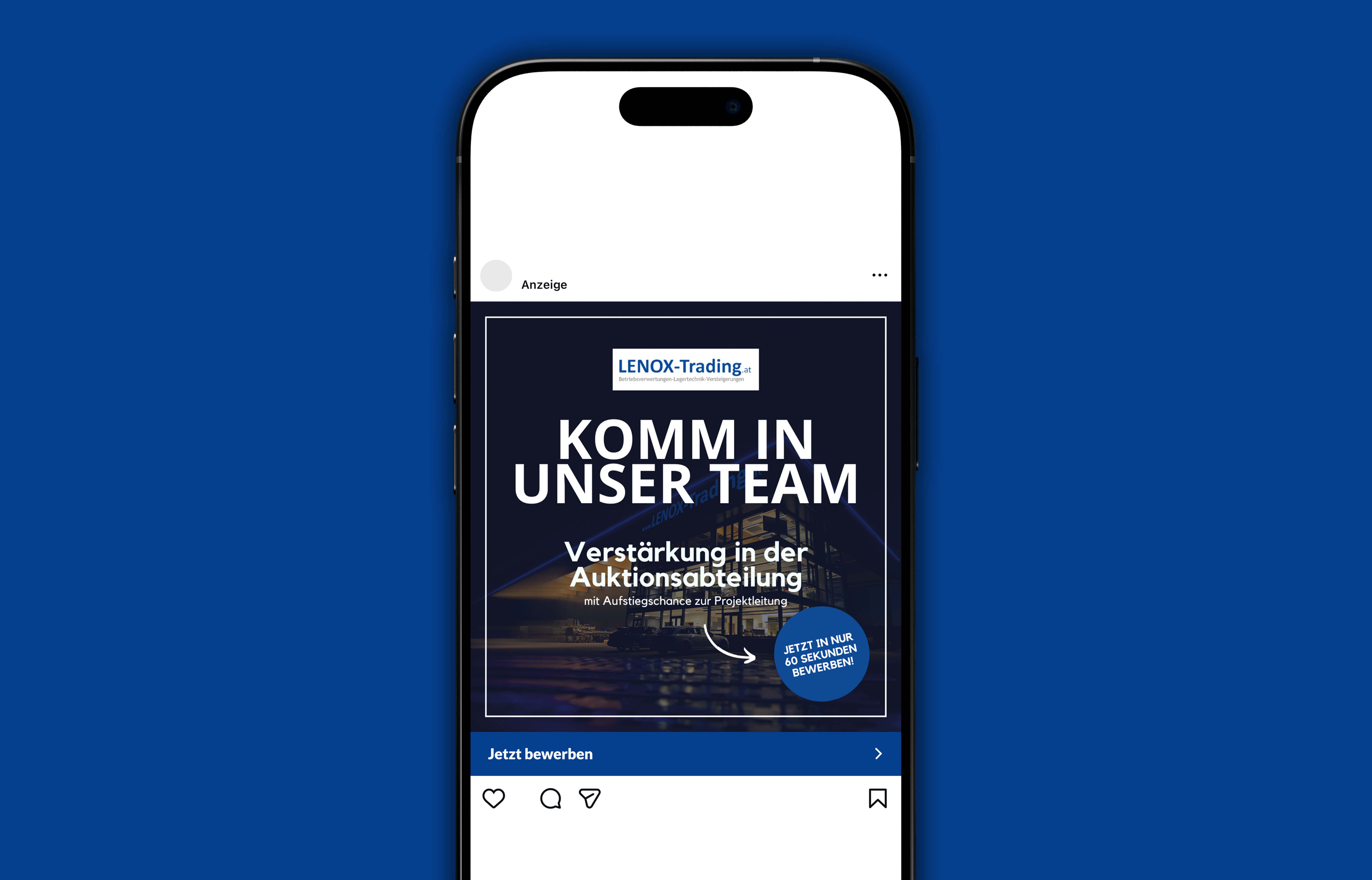 Instagram-Werbung auf einem Smartphone-Bildschirm für Lenox-Trading mit der Aufforderung, ins Team zu kommen und Verstärkung in der Auktionsabteilung zu werden.