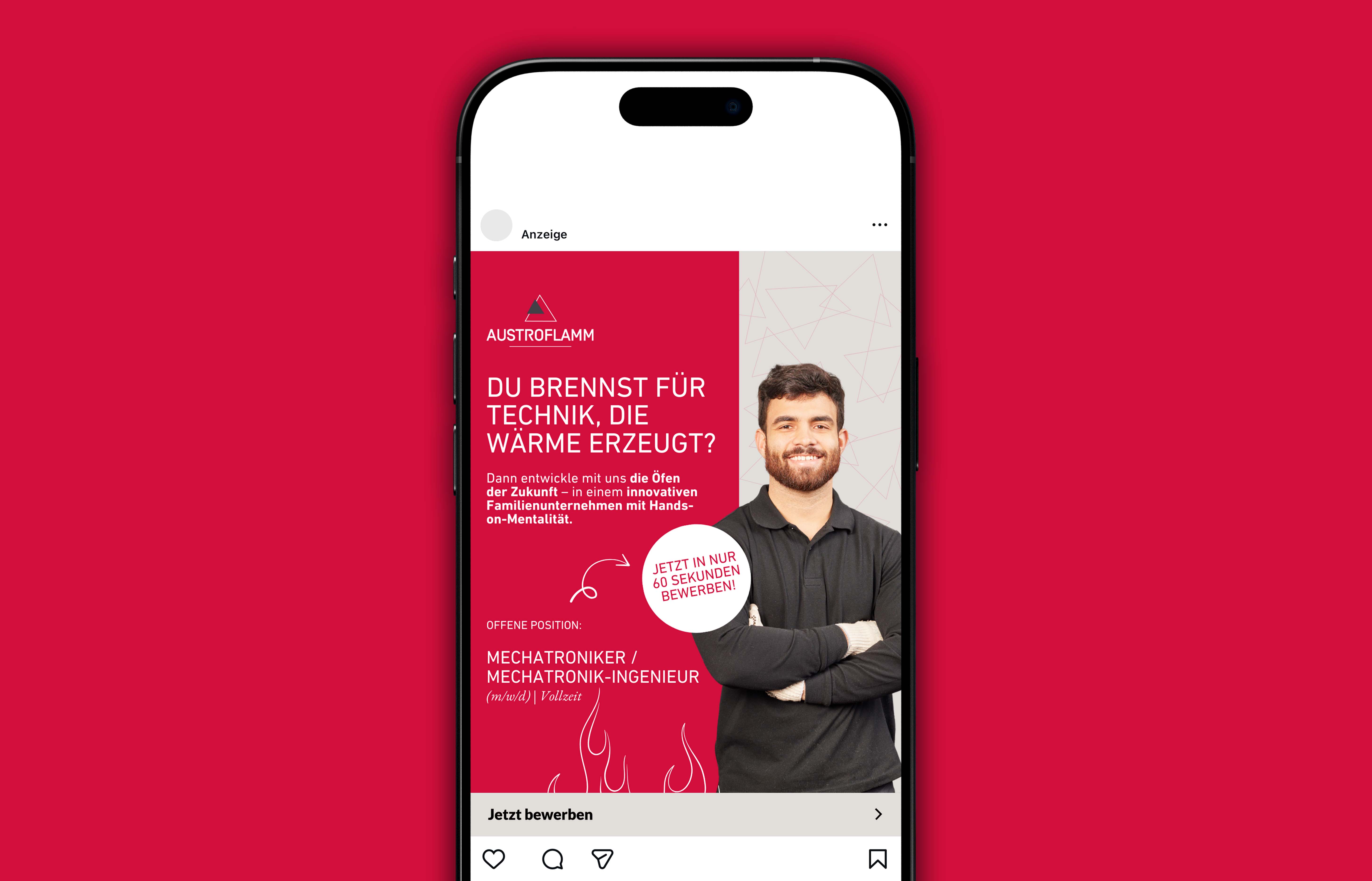 Instagram-Werbung von Austroflamm mit einem lächelnden Mann in schwarzem Hemd, der die Arme verschränkt, und einem Aufruf, sich als Mechatroniker oder Mechatronik-Ingenieur zu bewerben.