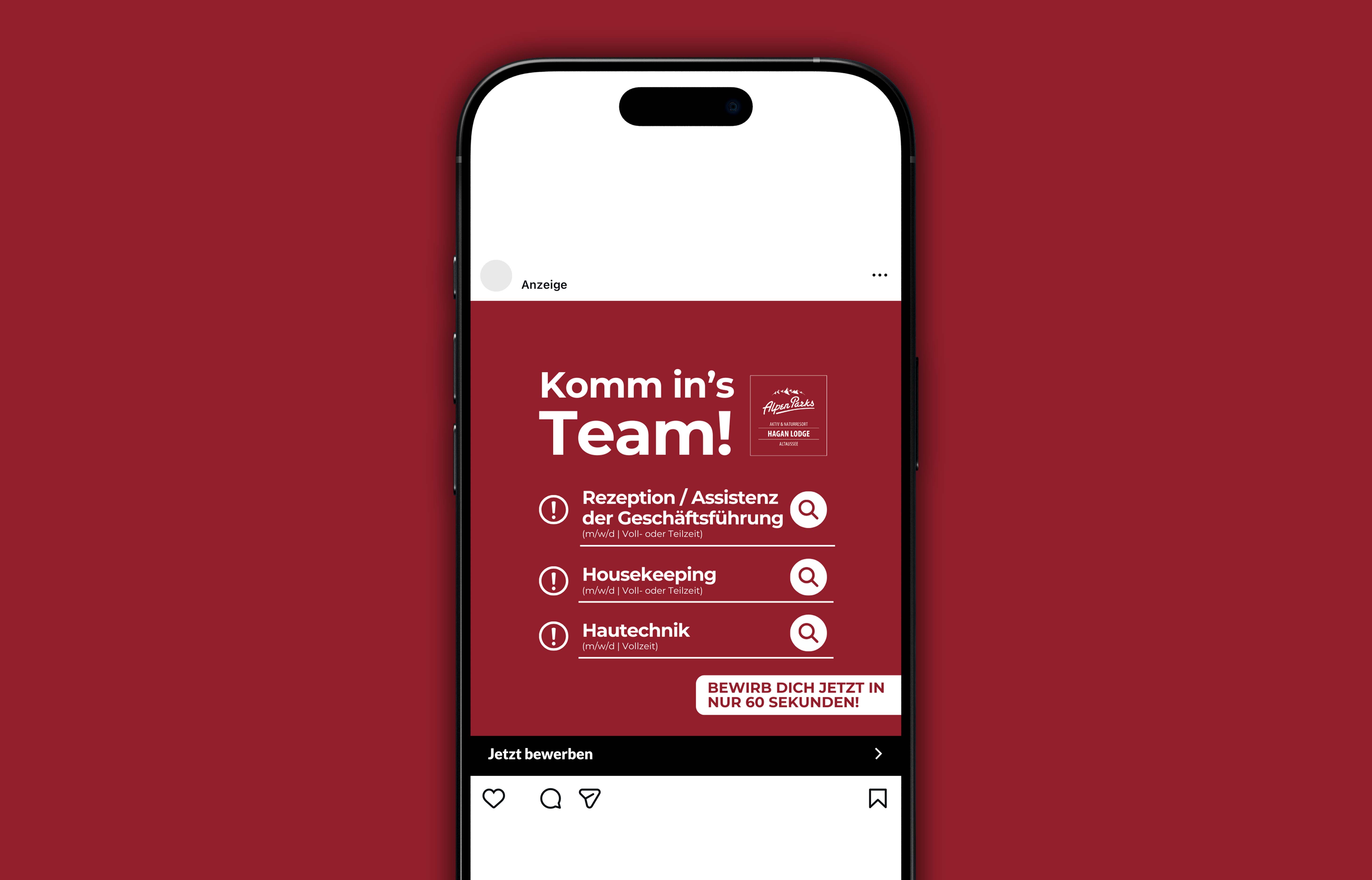 Smartphone-Display mit rotem Hintergrund zeigt Stellenangebote bei AlpenParks Hagan Lodge, darunter Rezeption/Assistenz Geschäftsführung, Housekeeping und Haustechnik, mit Aufforderung zur schnellen Bewerbung.