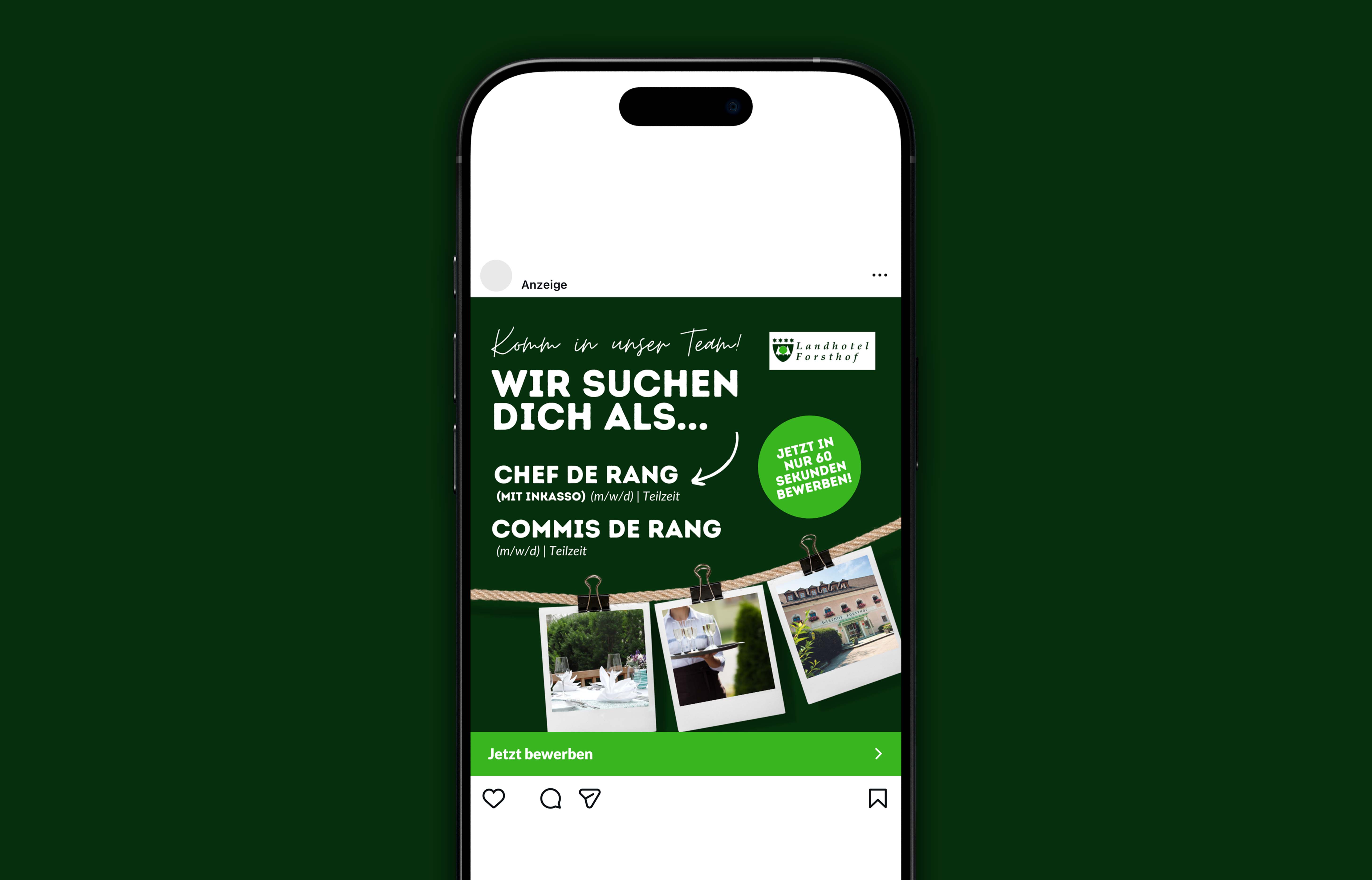 Instagram-Stellenanzeige vom Landhotel Forsthof mit Text: Wir suchen dich als Chef de Rang (mit Inkasso) und Commis de Rang, Teilzeit; Fotos zeigen eingedeckte Tisch im Außenbereich, Kellner mit Tablett und Hotelgebäude.