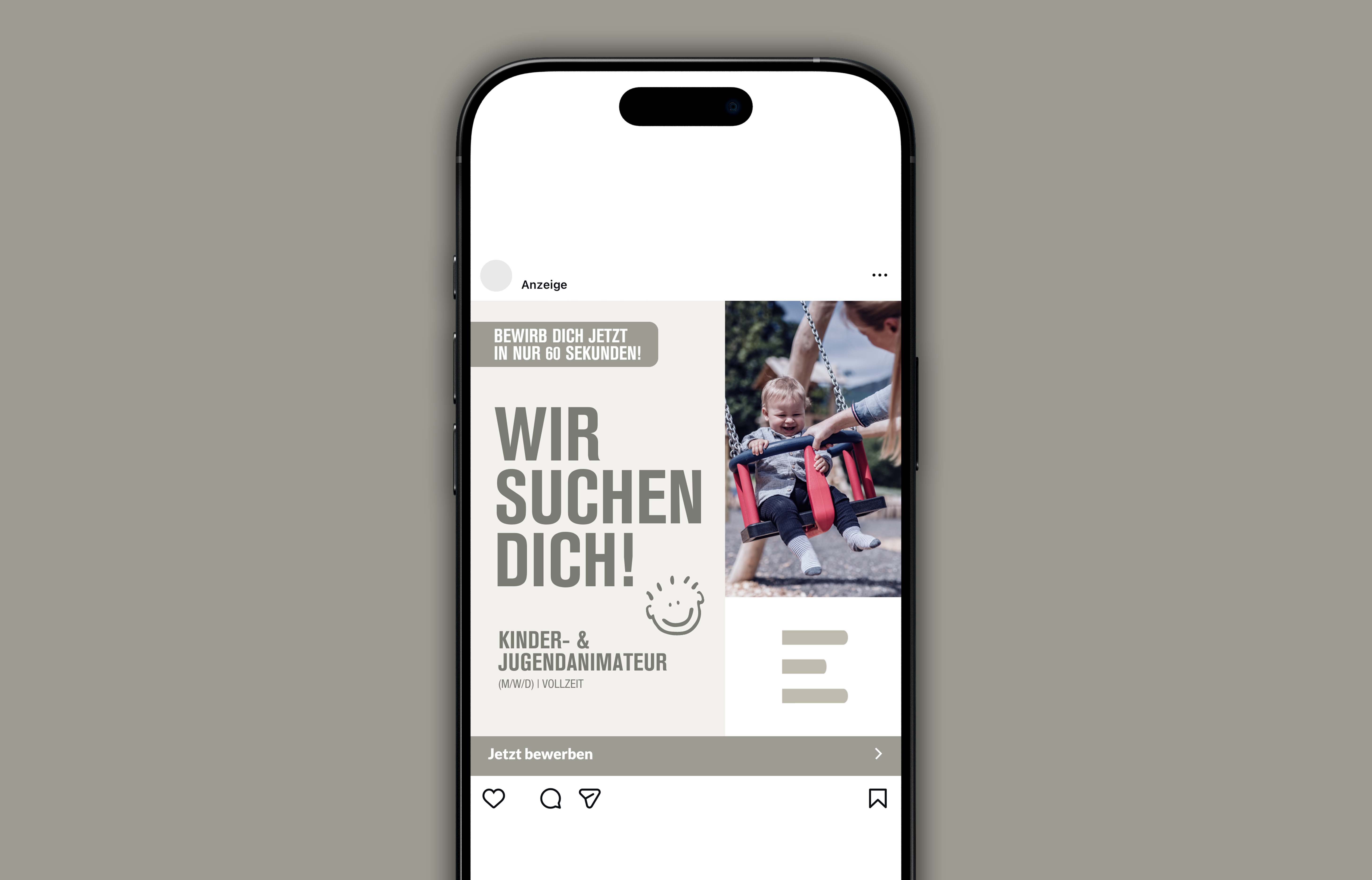 Instagram-Werbung auf einem Smartphone-Bildschirm sucht Kinder- und Jugendanimateur mit Bild eines lachenden Kindes auf einer roten Schaukel.