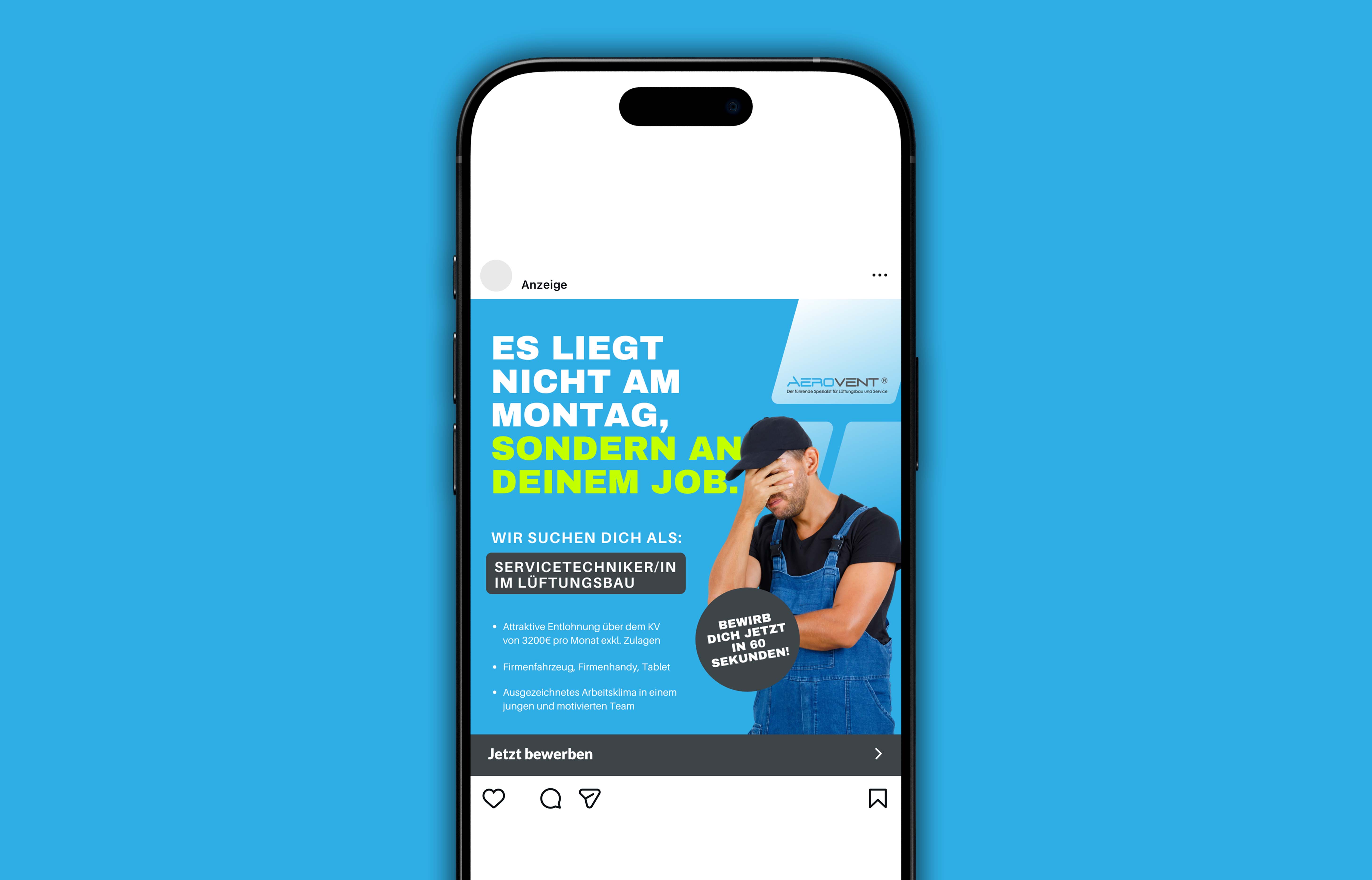 Instagram-Werbung für Servicetechniker/in im Lüftungsbau mit Text ‚Es liegt nicht am Montag, sondern an deinem Job‘ und einem Mann in blauer Arbeitskleidung, der sich das Gesicht hält.