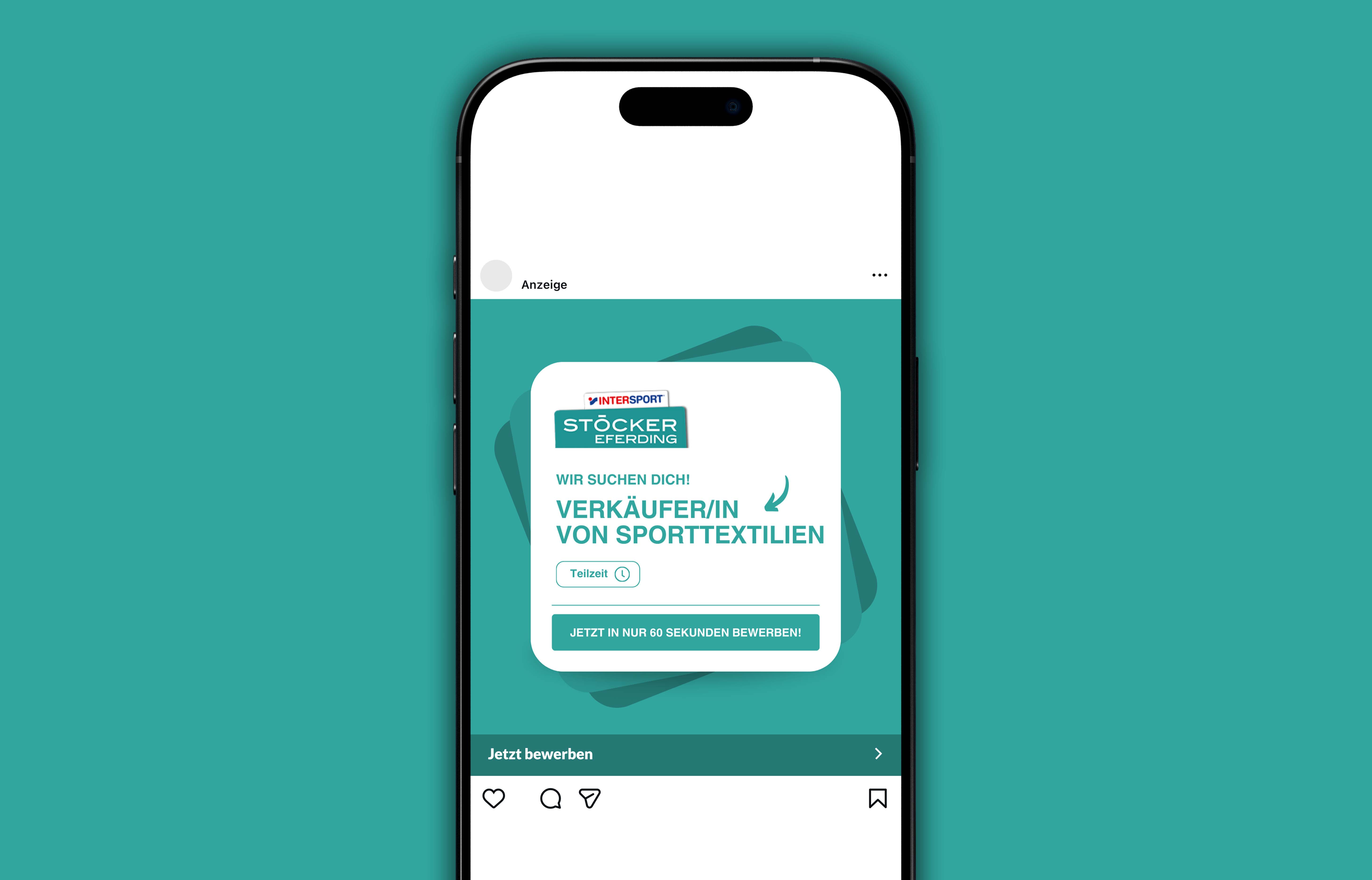 Instagram-Anzeige auf Smartphone-Bildschirm für Stellenangebot bei Intersport Stöcker Eferding, Verkäufer/in von Sporttextilien in Teilzeit, Bewerbung in 60 Sekunden.