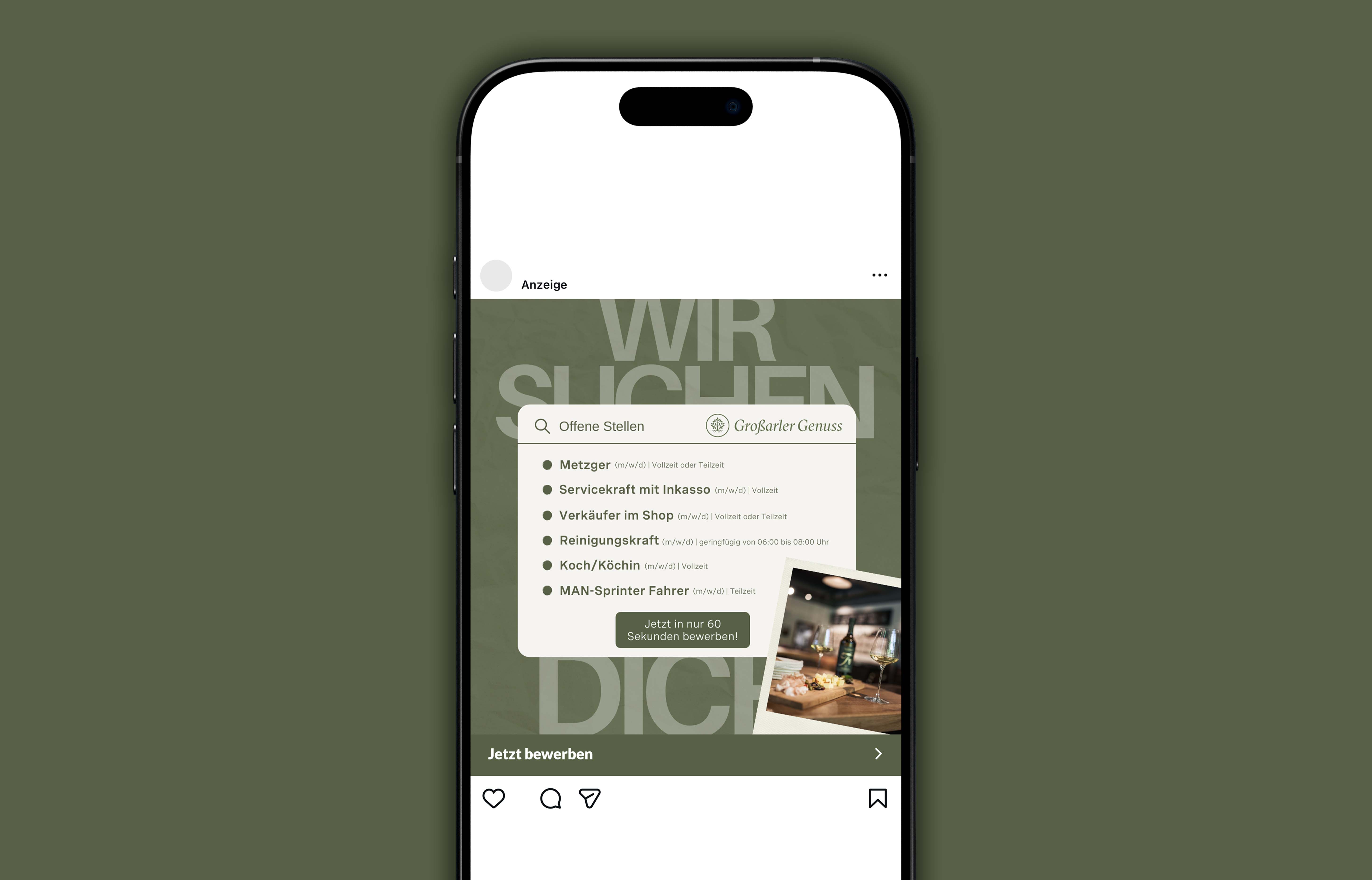 Instagram-Anzeige auf einem Smartphone mit Stellenangeboten von Großarler Genuss, darunter Metzger, Servicekraft, Verkäufer, Reinigungskraft, Koch und MAN-Sprinter Fahrer.