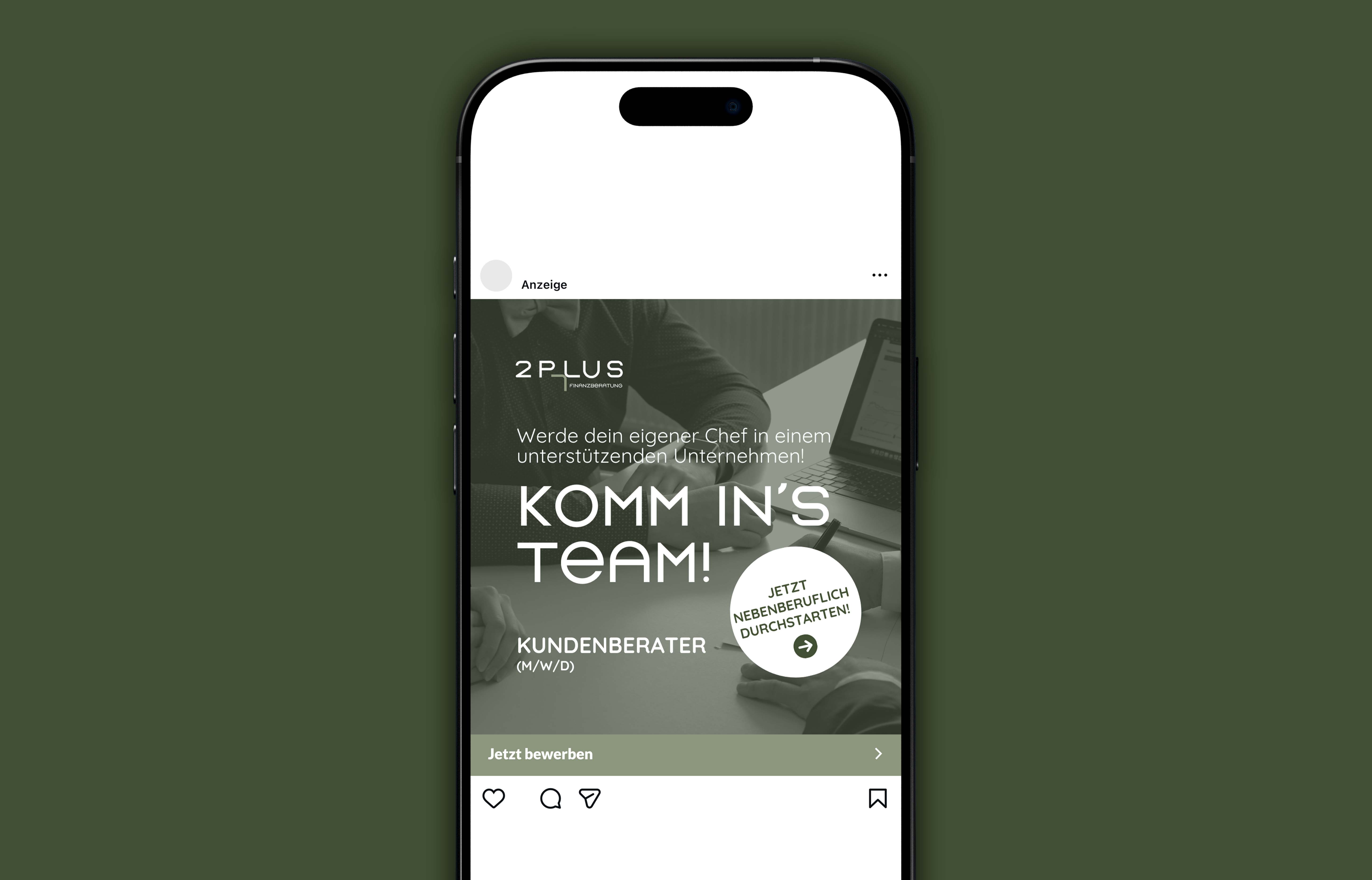 Anzeige auf Smartphone-Bildschirm für 2PLUS Finanzberatung, die Kundenberater (m/w/d) suchen mit dem Text Komm ins Team und Jetzt nebenberuflich durchstarten.