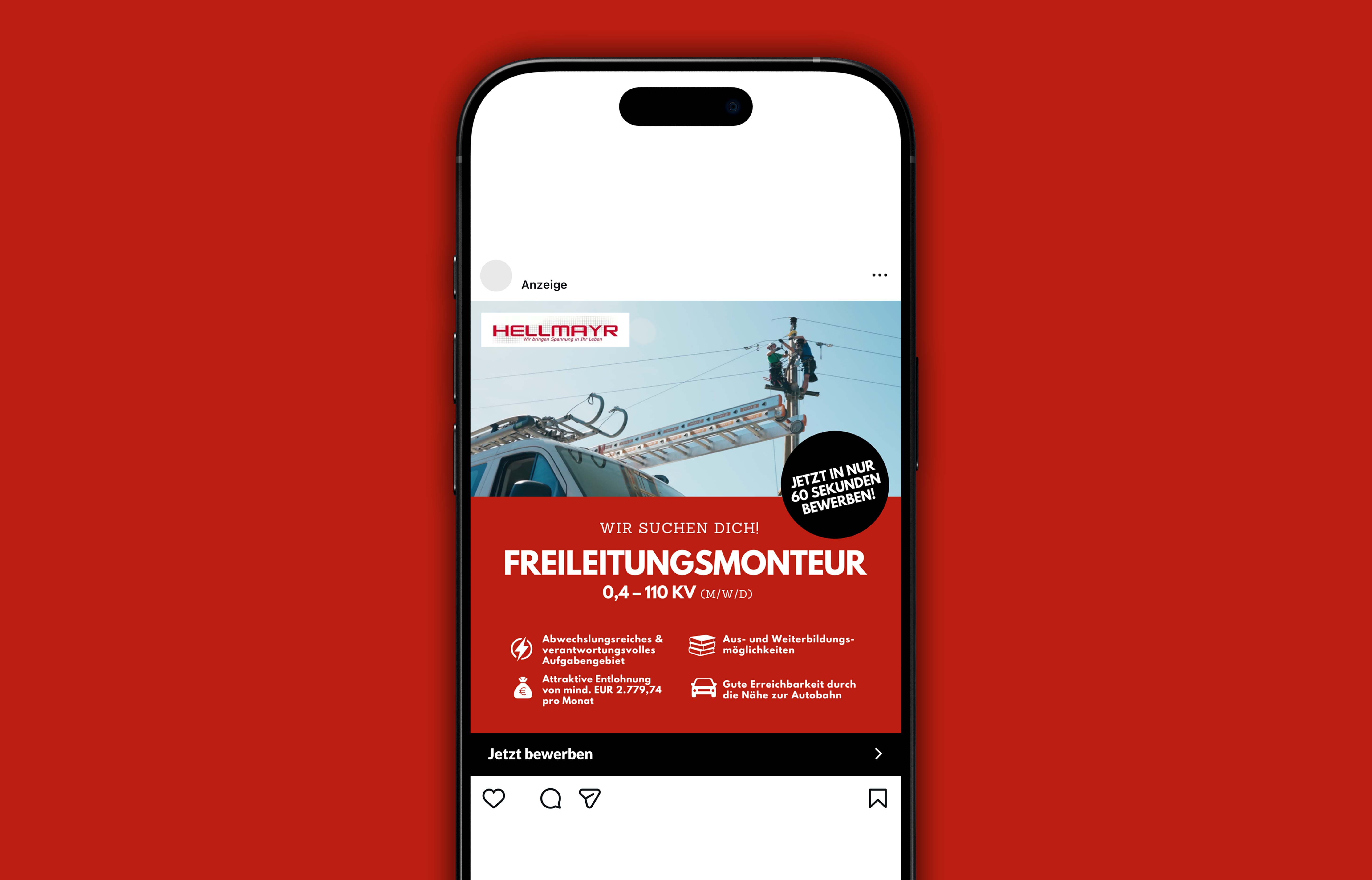Instagram-Stellenanzeige von Hellmayr für Freileitungsmonteur mit Bild von Monteuren auf einer Leiter an Freileitungen und Vorteilen der Stelle.