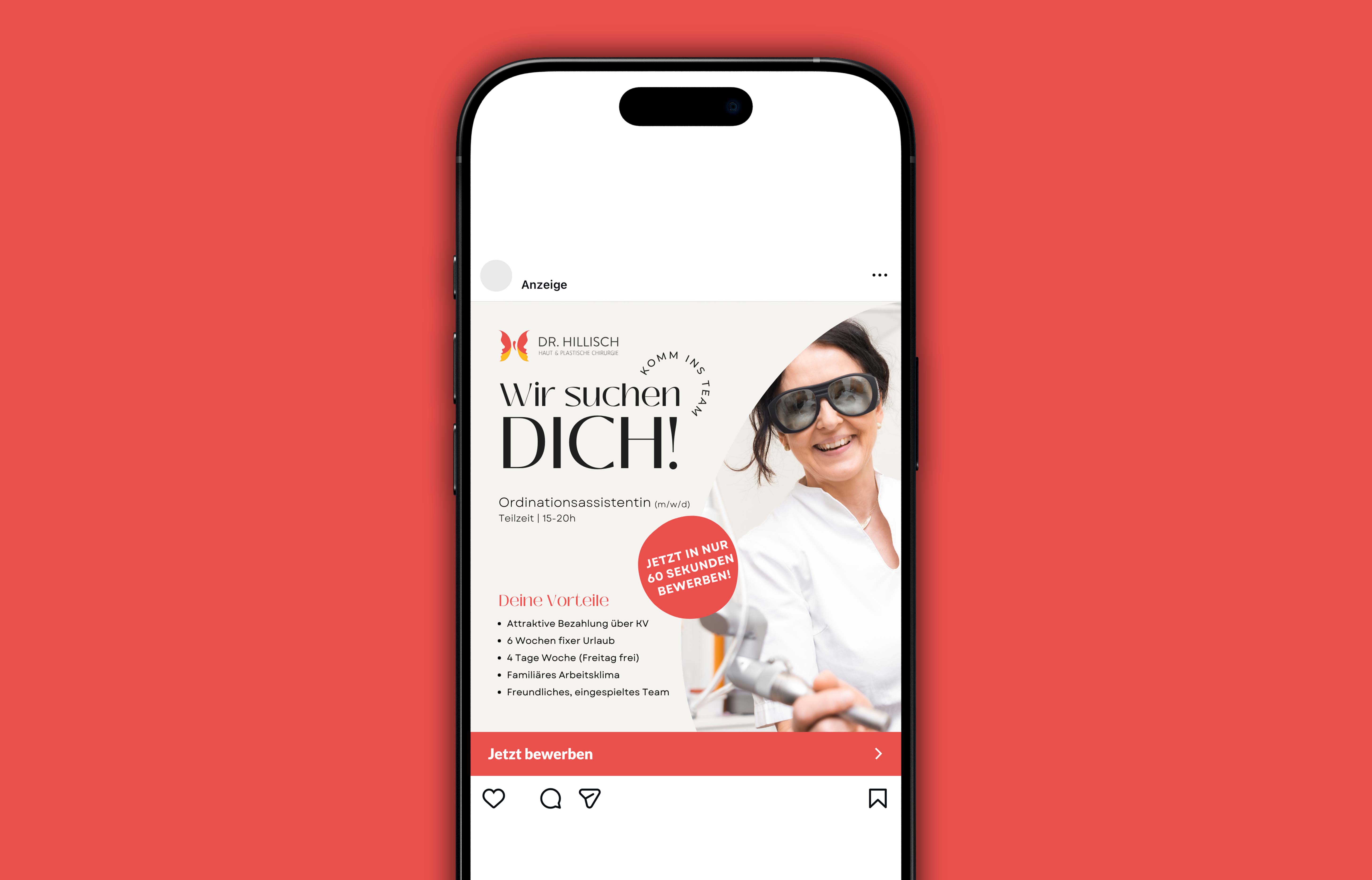 Anzeige auf Smartphone-Bildschirm für die Suche einer Ordinationsassistentin bei Dr. Hillisch mit Foto einer lächelnden Frau in Schutzbrille und Details zu Vorteilen und Bewerbungsaufruf.