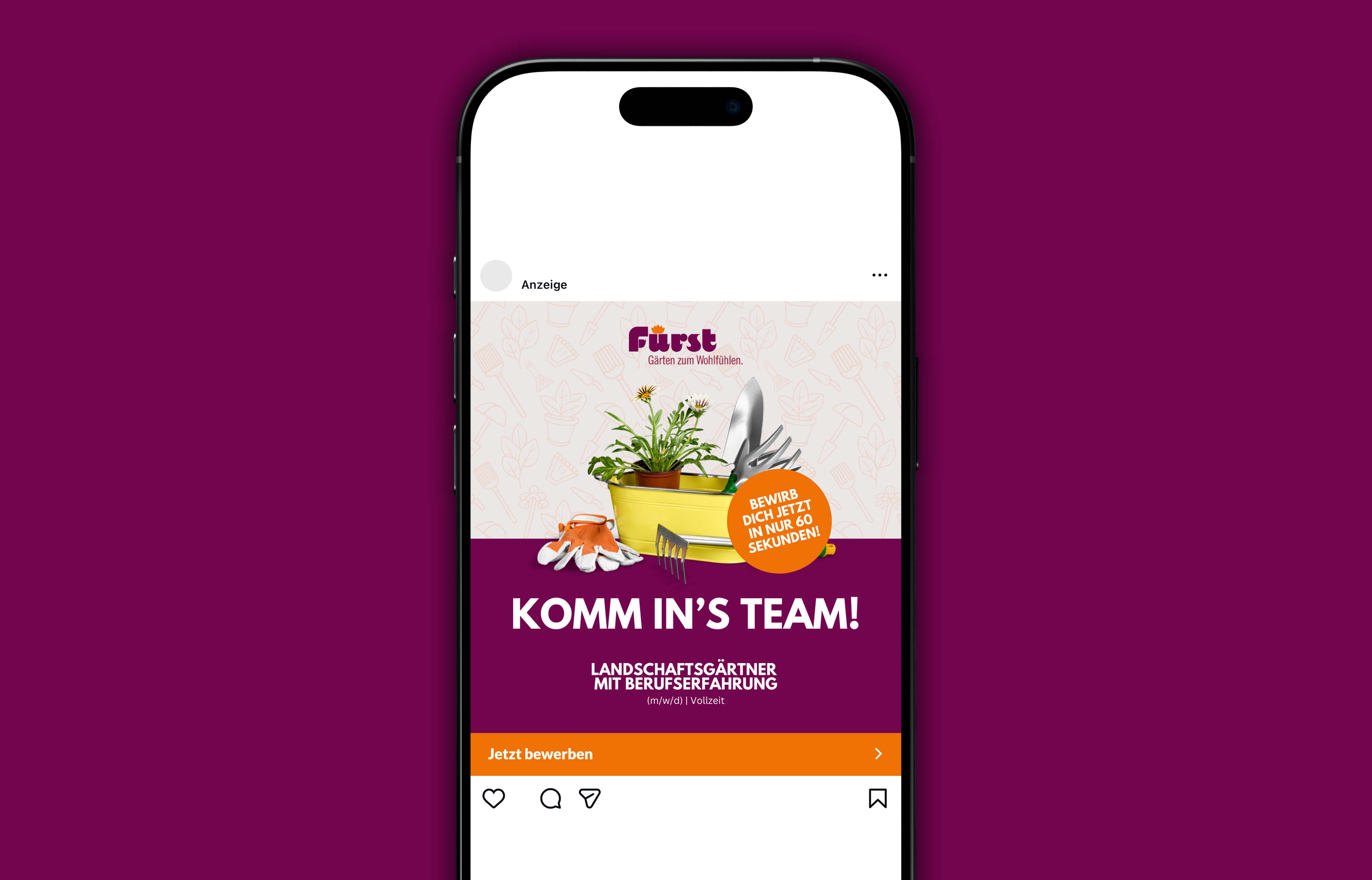 Instagram-Stellenanzeige von Fürst mit Gartengeräten, Pflanzen und dem Text 'Komm ins Team! Landschaftsgärtner mit Berufserfahrung, jetzt bewerben in nur 60 Sekunden.'