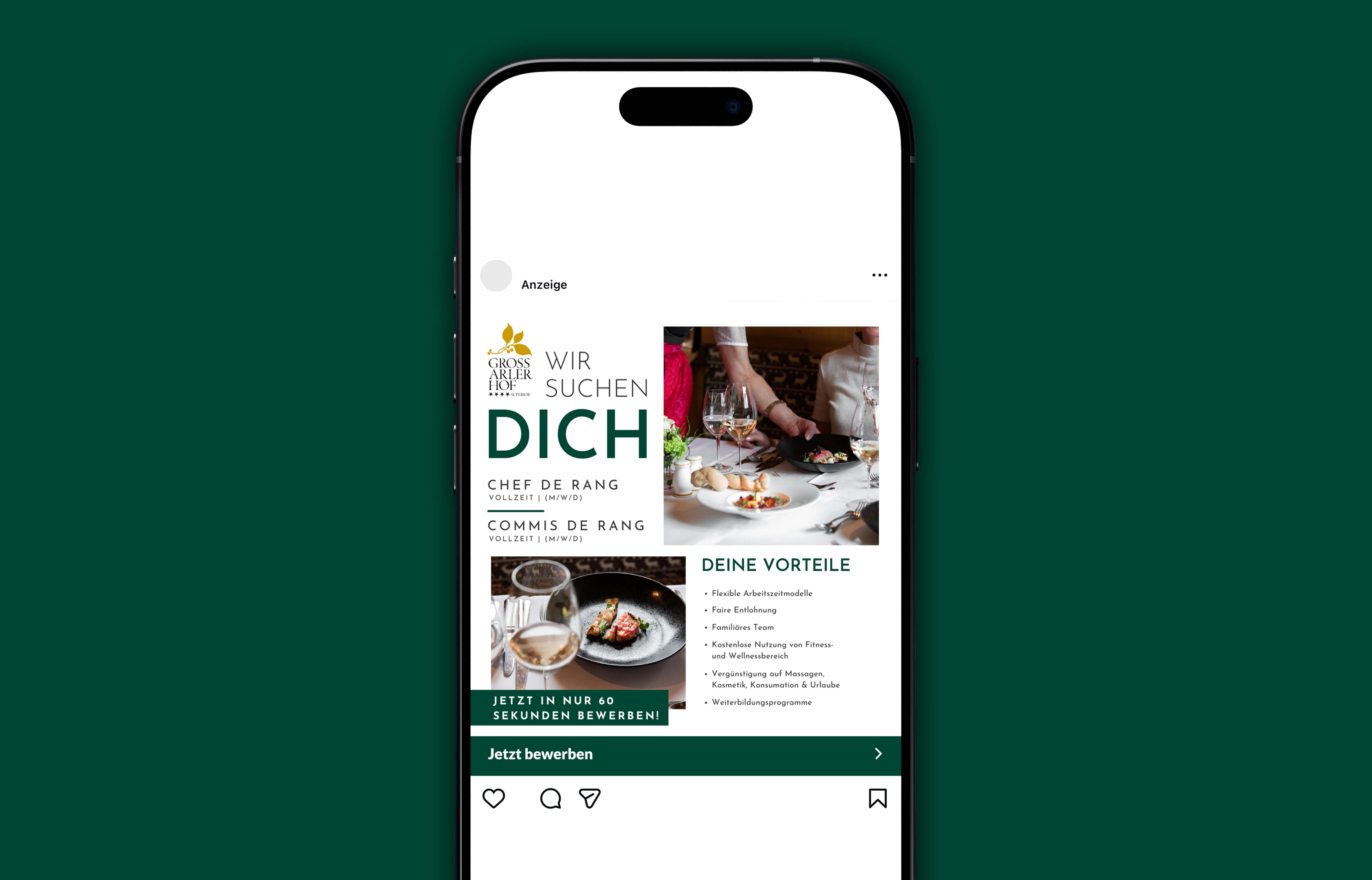 Instagram-Stellenanzeige des Großarler Hofs sucht Chef de Rang und Commis de Rang in Vollzeit mit Vorteilen wie flexible Arbeitszeiten, faire Entlohnung und kostenloser Nutzung des Wellnessbereichs.