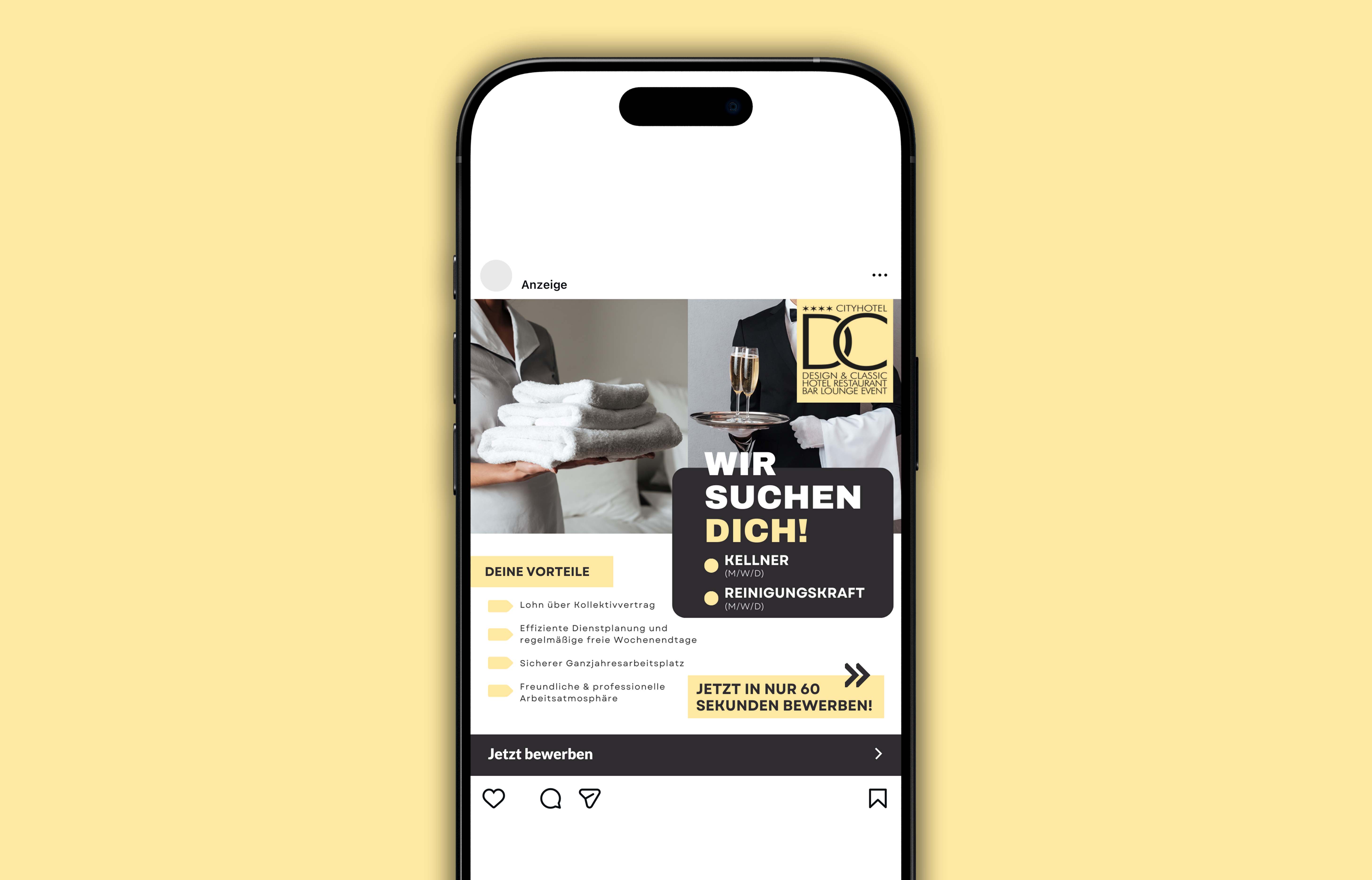 Anzeige auf Smartphone-Bildschirm für Stellenangebote im Cityhotel mit Bildern von Hotelszene und Servierpersonal, inklusive Vorteilen und Aufruf zur Bewerbung.