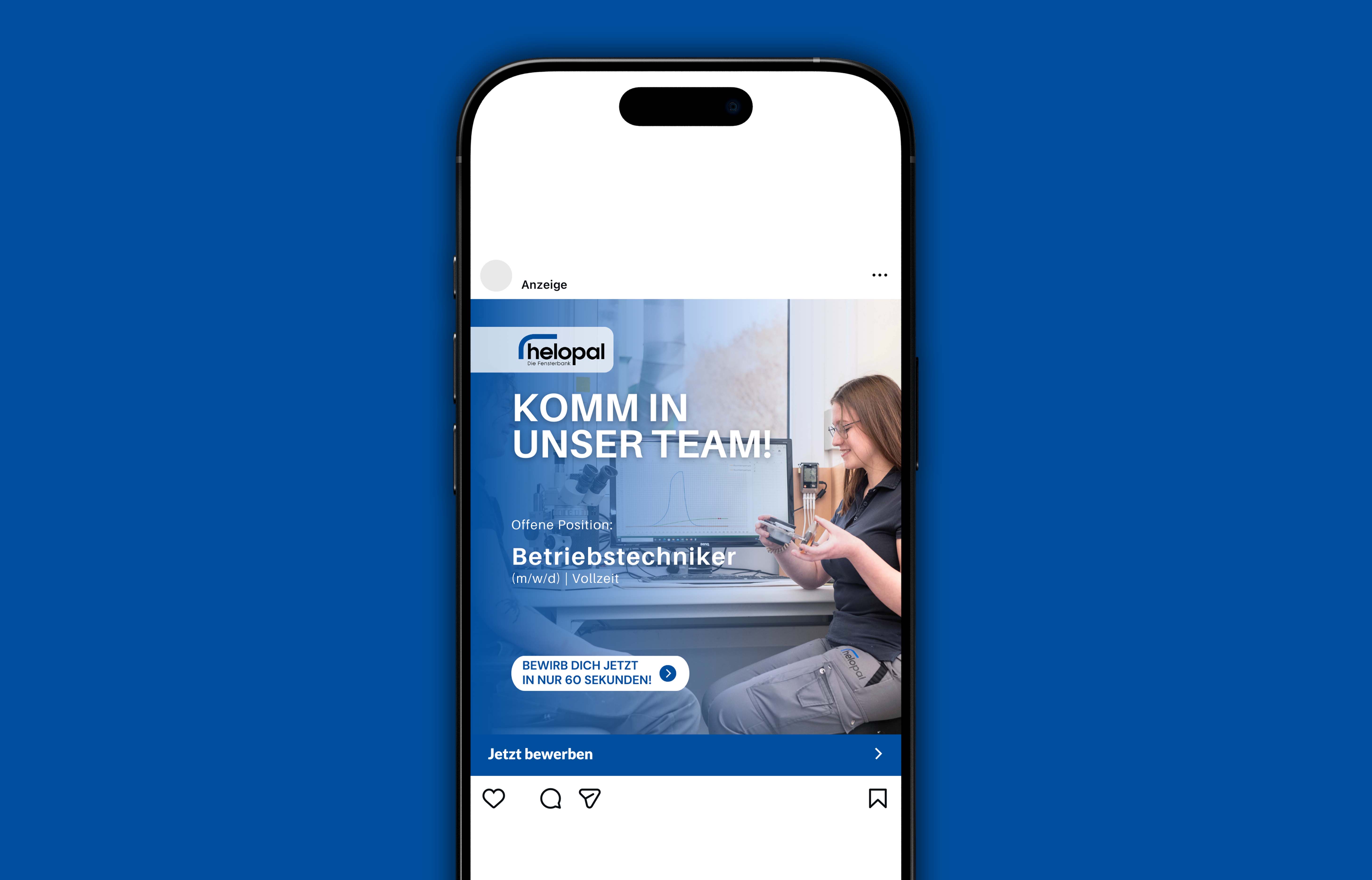 Instagram-Stellenanzeige von Helopal für die Position Betriebstechniker mit Bild einer Frau in Arbeitshose, die Geräte in einem Labor hält.