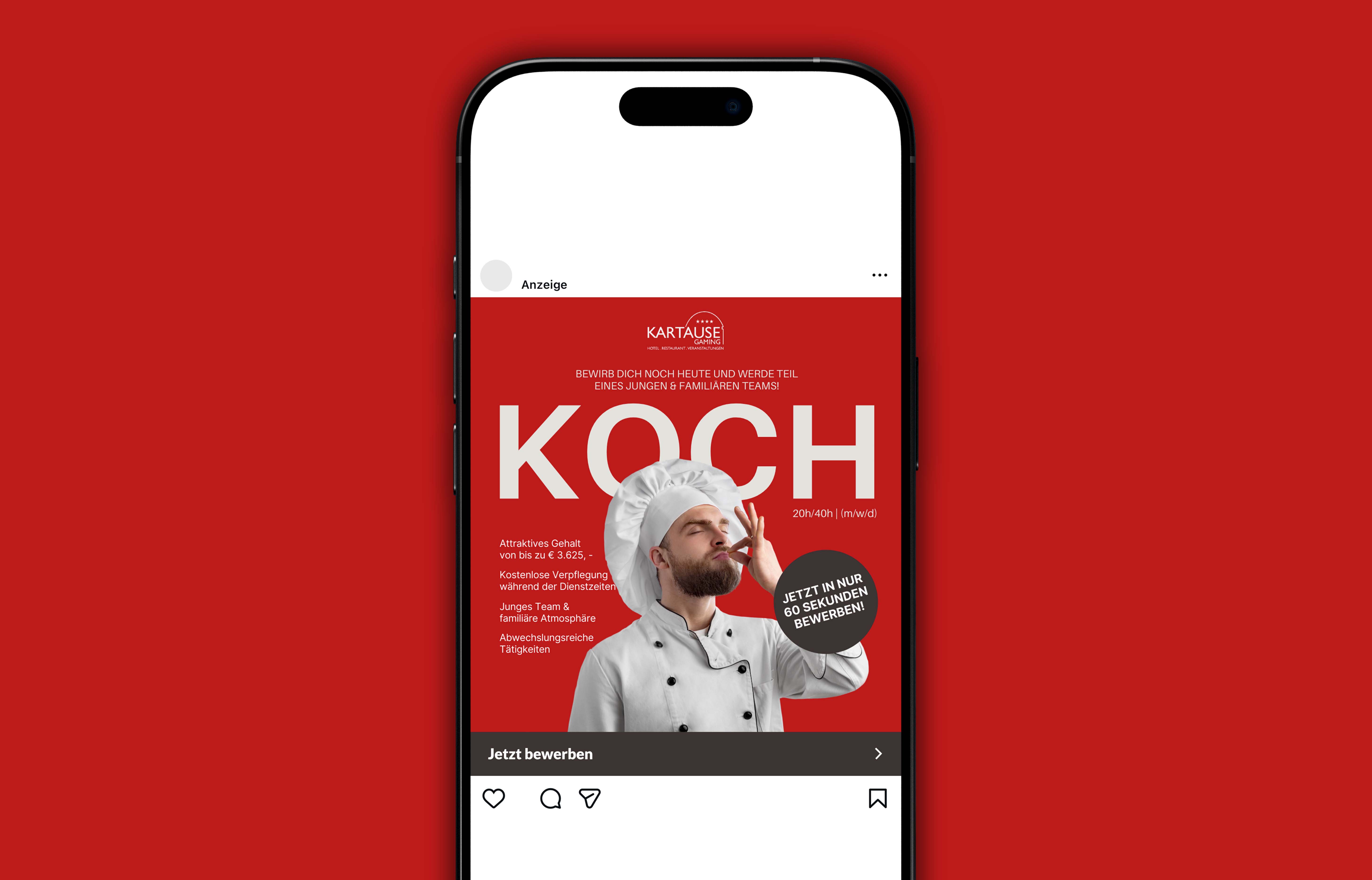 Anzeigenbild auf einem Smartphone mit rotem Hintergrund, das eine Kochstelle bewirbt, mit einem Koch in weißer Uniform und Mütze, der mit geschlossenen Augen ein OK-Zeichen macht.