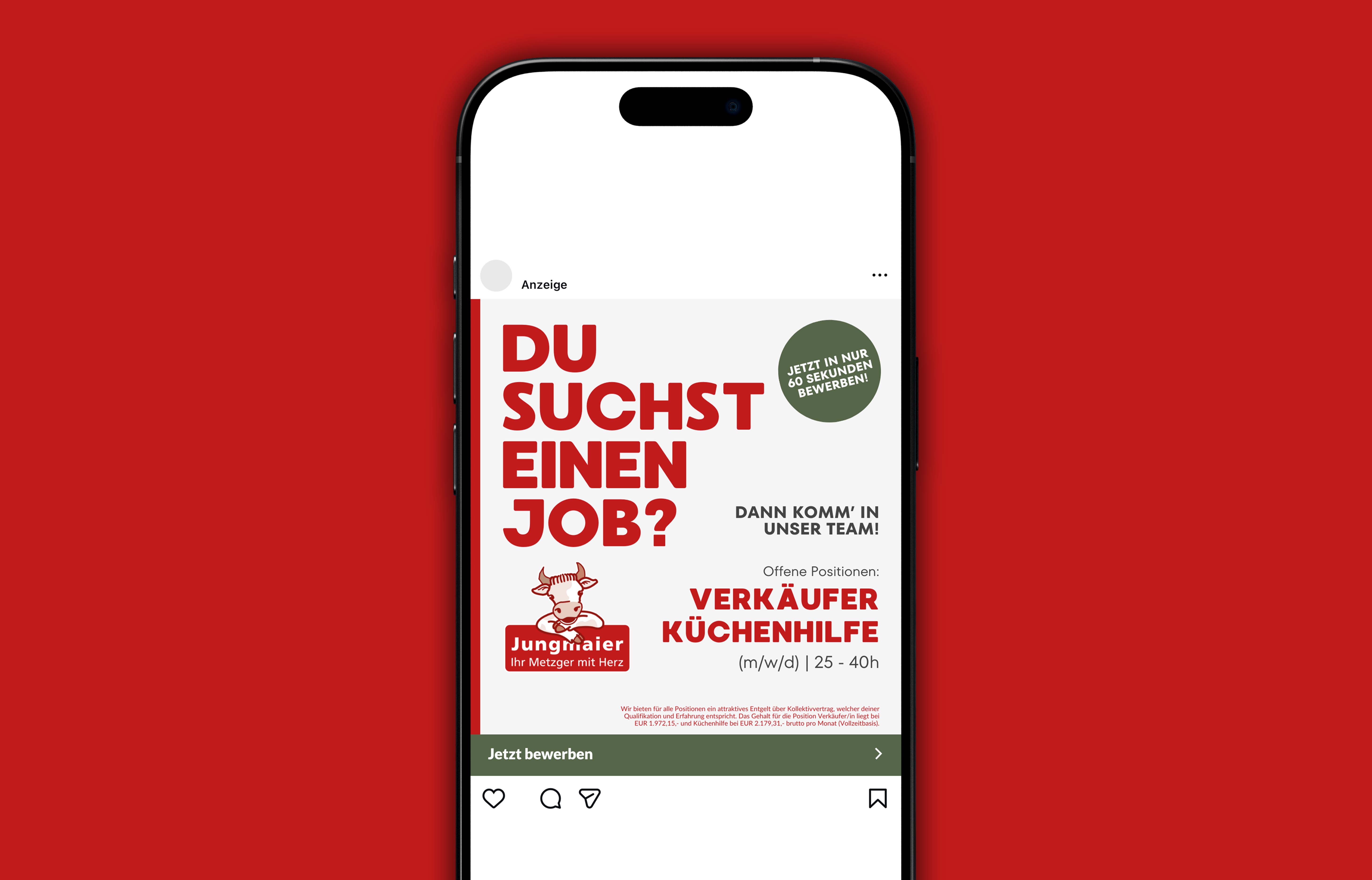 Instagram-Jobanzeige auf Smartphone, Suche nach Verkäufer und Küchenhilfe (m/w/d) mit Arbeitszeiten von 25 bis 40 Stunden und Schnelle Bewerbung in 60 Sekunden.