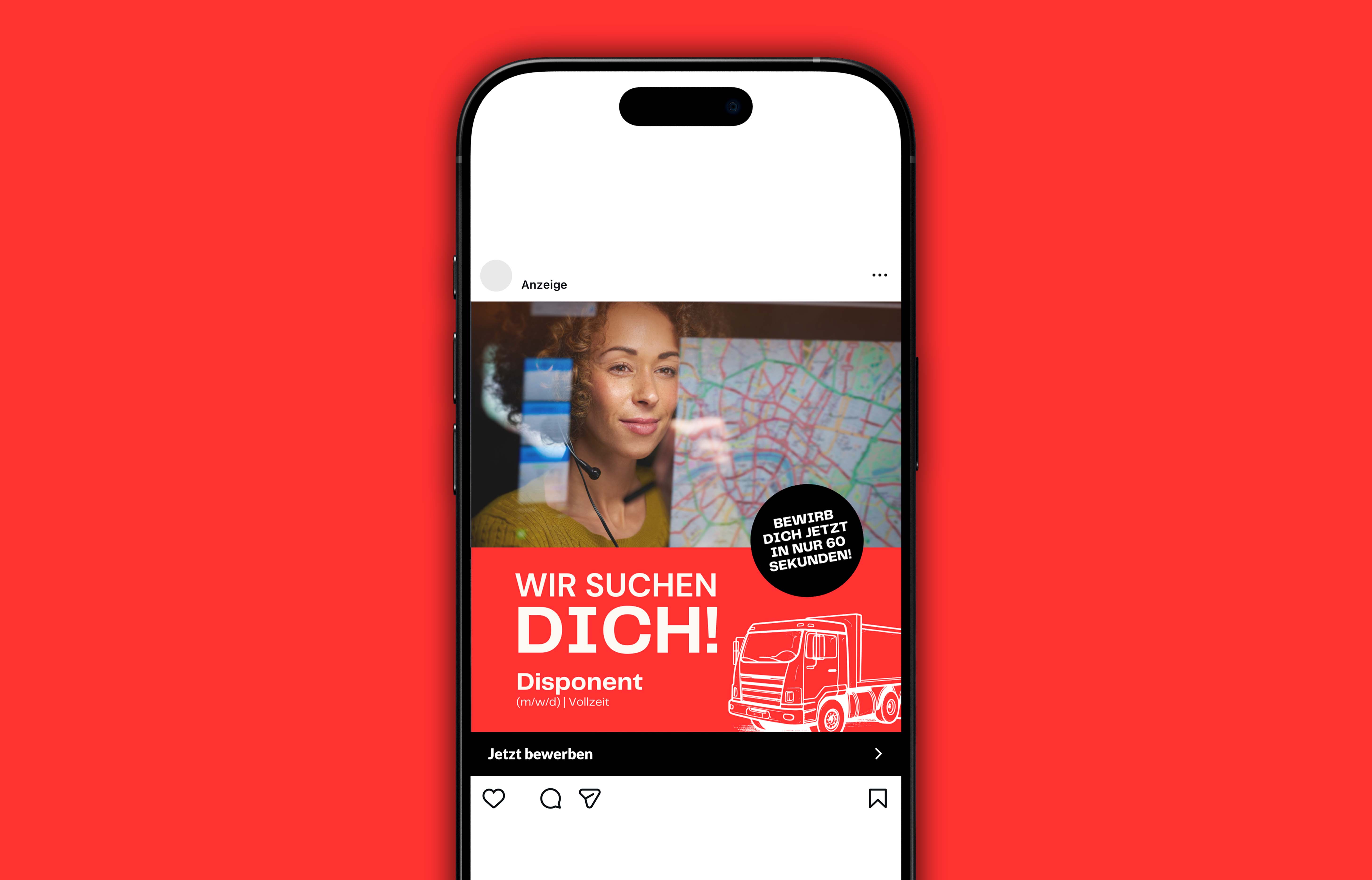 Smartphone zeigt eine Anzeige mit einer Frau vor einem Stadtplan und Text: Wir suchen dich! Disponent (m/w/d) Vollzeit, mit Hinweis auf schnelle Bewerbung in 60 Sekunden und einer LKW-Skizze.