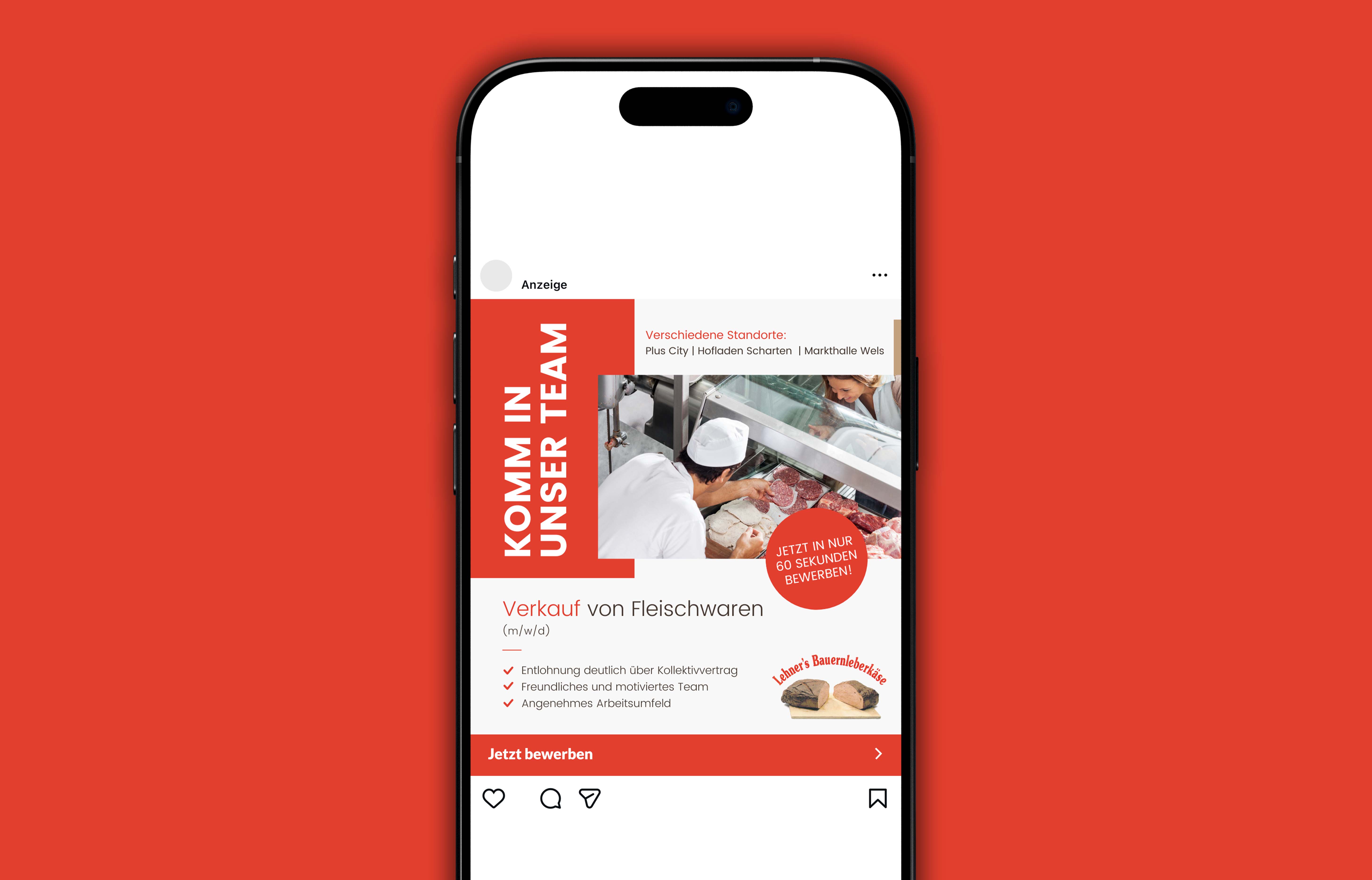 Instagram-Anzeige auf Smartphone: Jobangebot für Verkauf von Fleischwaren mit Bild eines Metzgers am Fleischtheken-Schalter und Hinweis auf verschiedene Standorte sowie Bewerbung in 60 Sekunden.