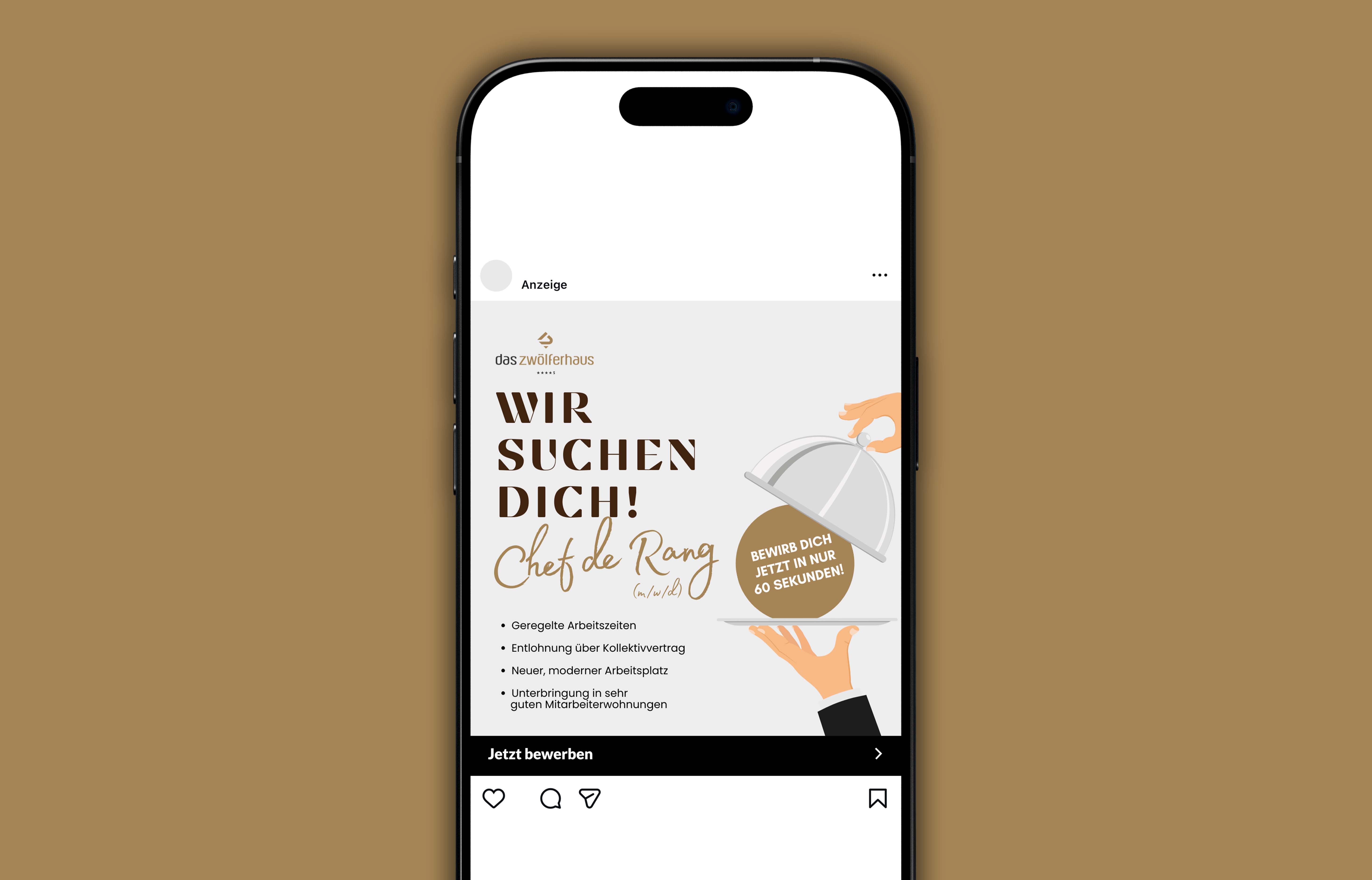 Anzeige auf einem Smartphone-Bildschirm sucht einen Chef de Rang mit geregelten Arbeitszeiten, kollektivvertraglicher Entlohnung, modernem Arbeitsplatz und guter Unterkunft.