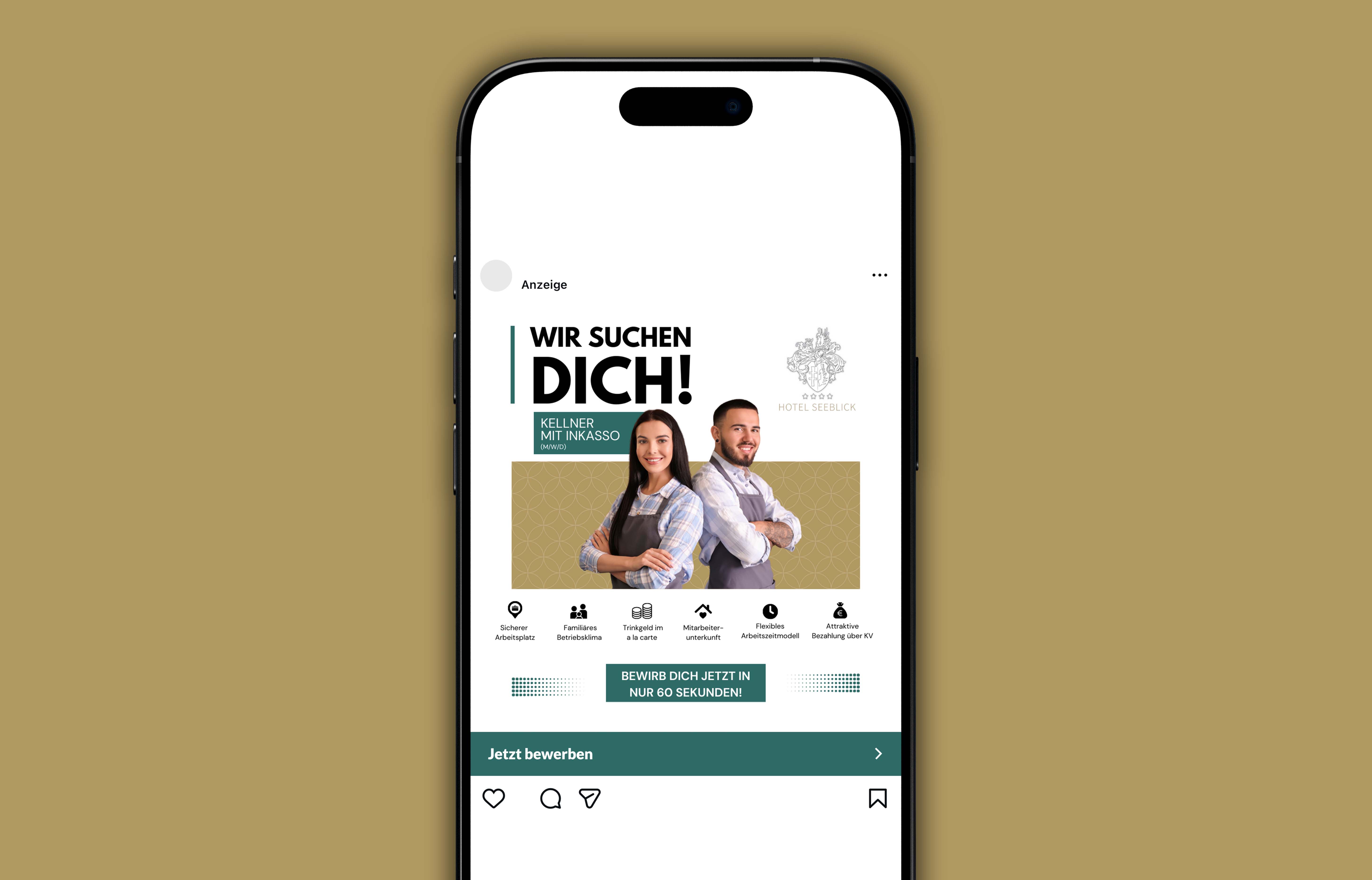 Instagram-Stellenanzeige vom Hotel Seeblick sucht Kellner mit Inkasso, zeigt zwei lächelnde Servicekräfte im Arbeitsoutfit mit verschränkten Armen.