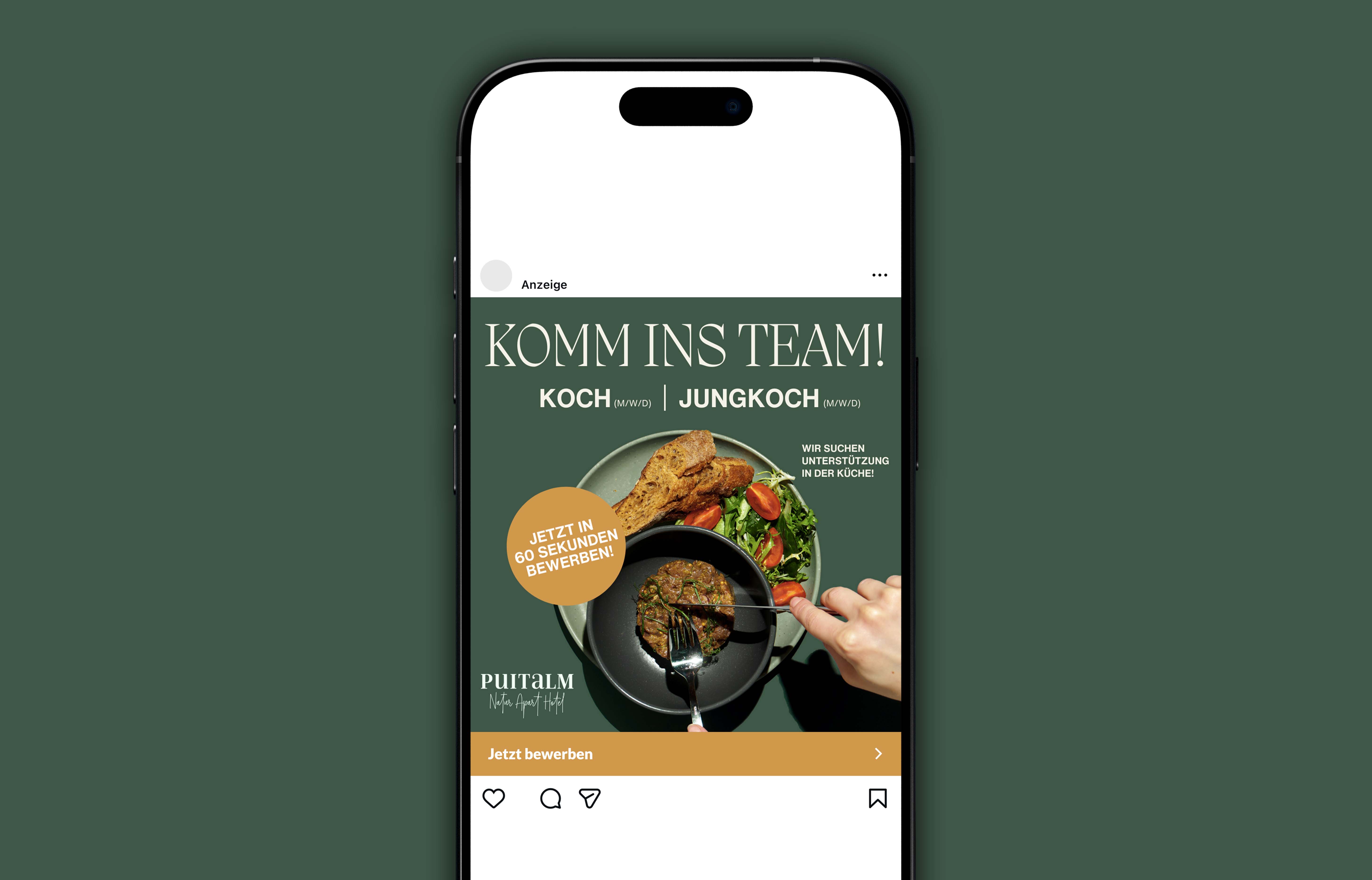 Anzeige auf Smartphone: Aufforderung zur Bewerbung als Koch oder Jungkoch, Bild eines Tellers mit Brot, Salat und Fleisch, Hand schneidet das Fleisch.