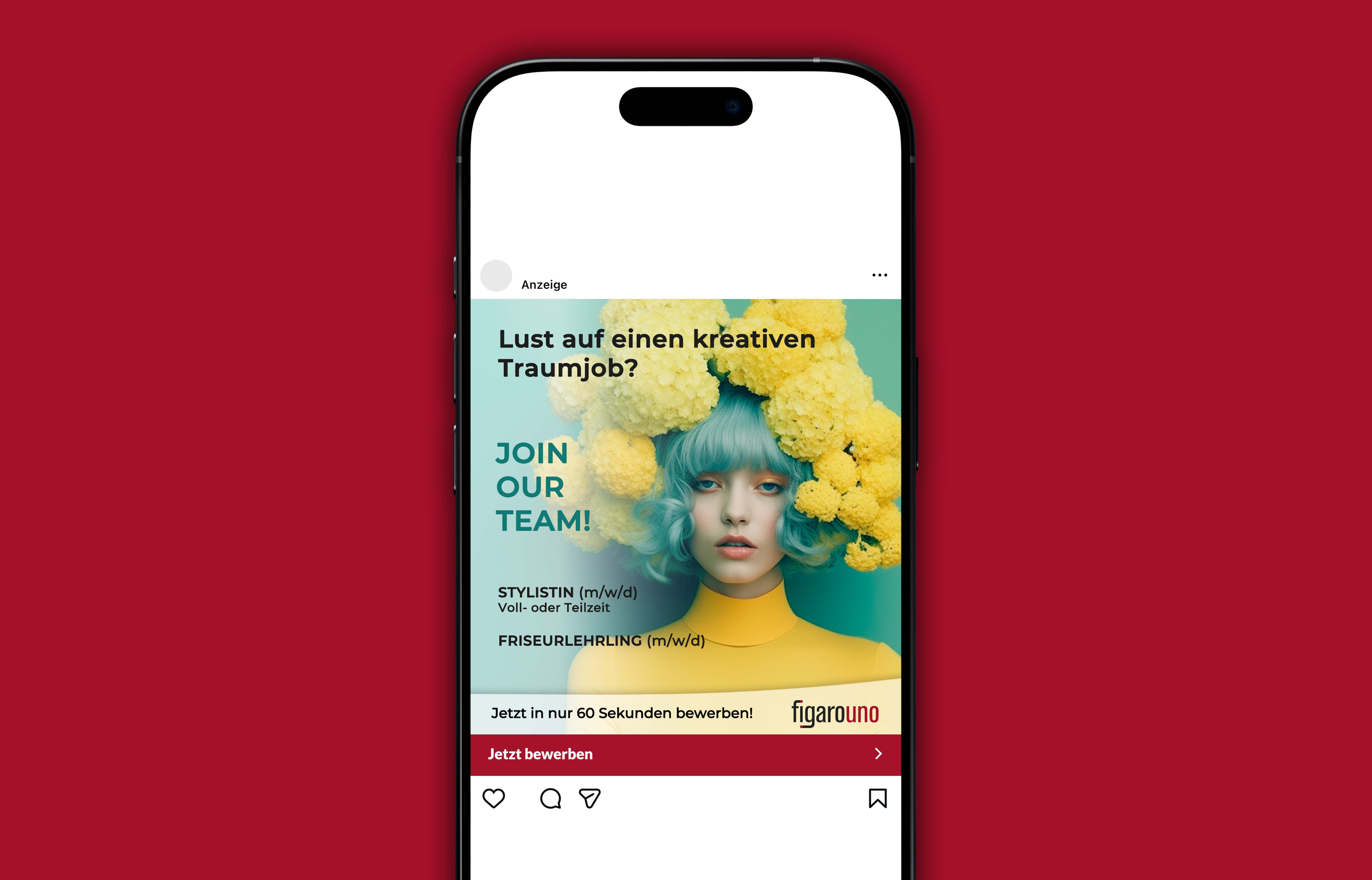 Instagram-Stellenanzeige für kreative Jobs mit Modell, das hellblaue Haare und gelbe Blumen als Kopfschmuck trägt, bewirbt Stylistin und Friseurlehrling Positionen bei figarouno.