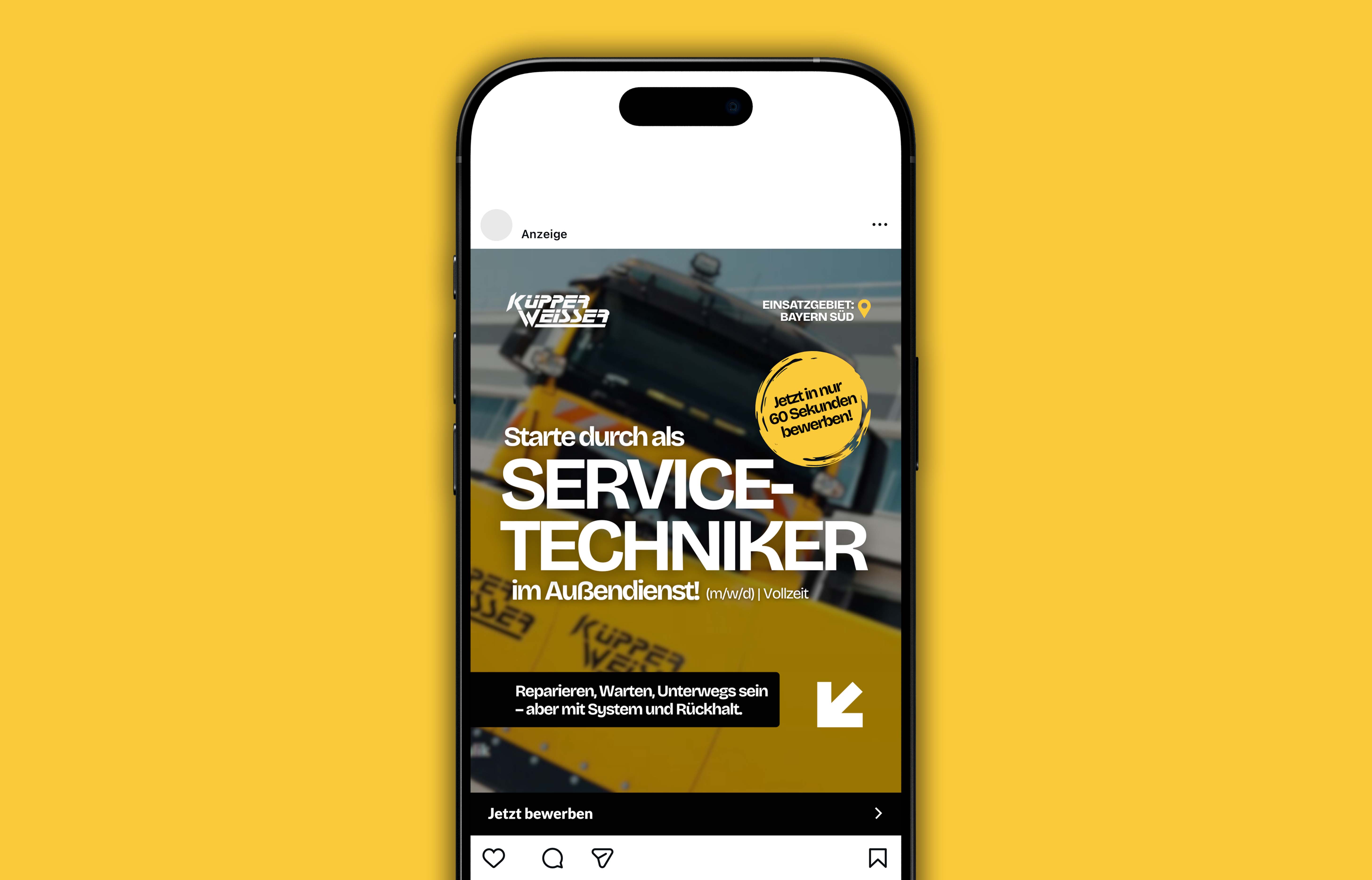 Instagram-Werbung auf Smartphone für Service-Techniker im Außendienst bei Küpper Weisser, mit Hinweis auf schnellen Bewerbungsprozess und Einsatzgebiet Bayern Süd.