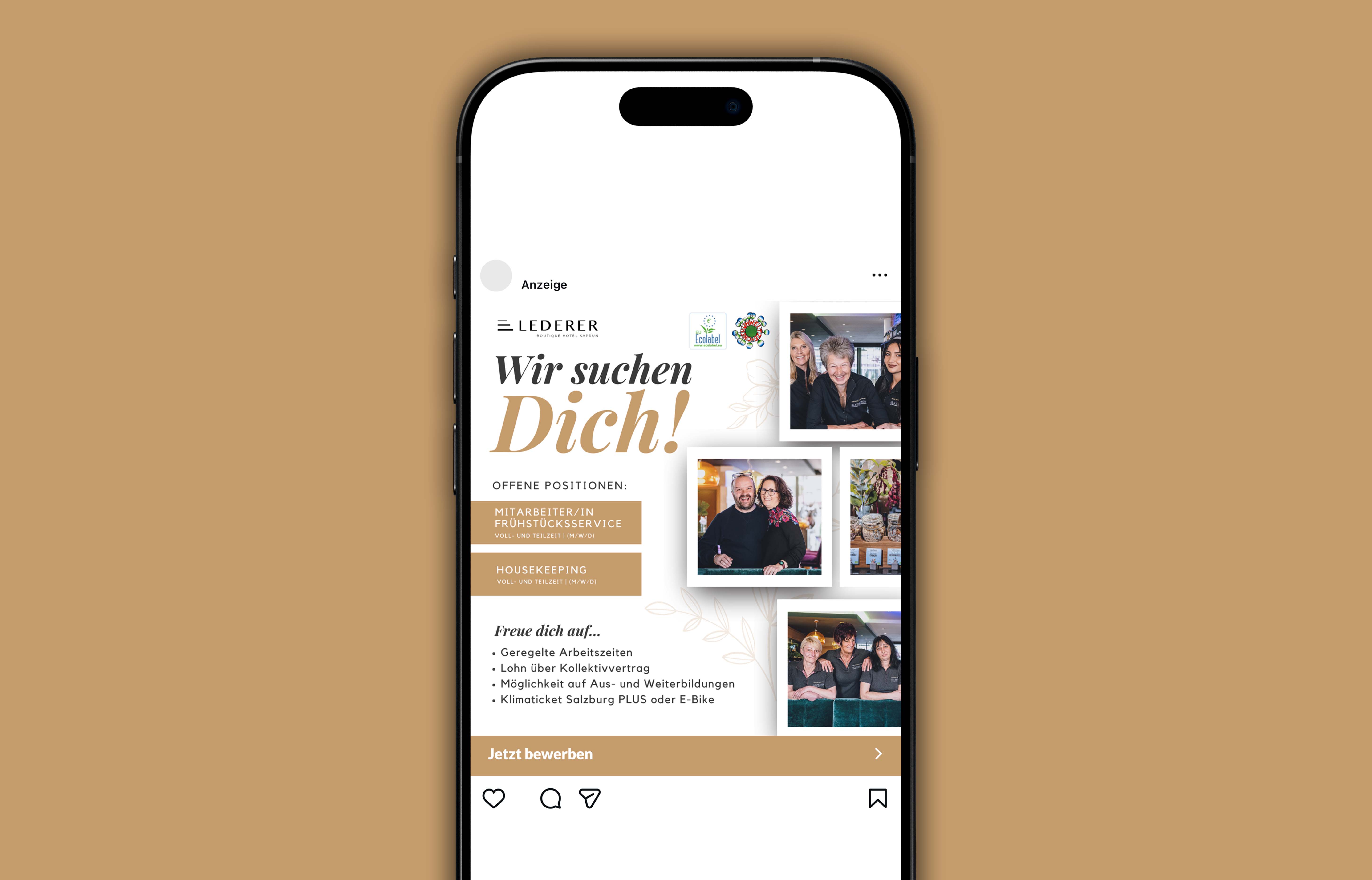 Instagram-Stellenausschreibung des Boutique Hotels Lederer für Frühstücksservice und Housekeeping mit Fotos von Mitarbeiterinnen und Vorteilen wie geregelte Arbeitszeiten und Weiterbildungsmöglichkeiten.