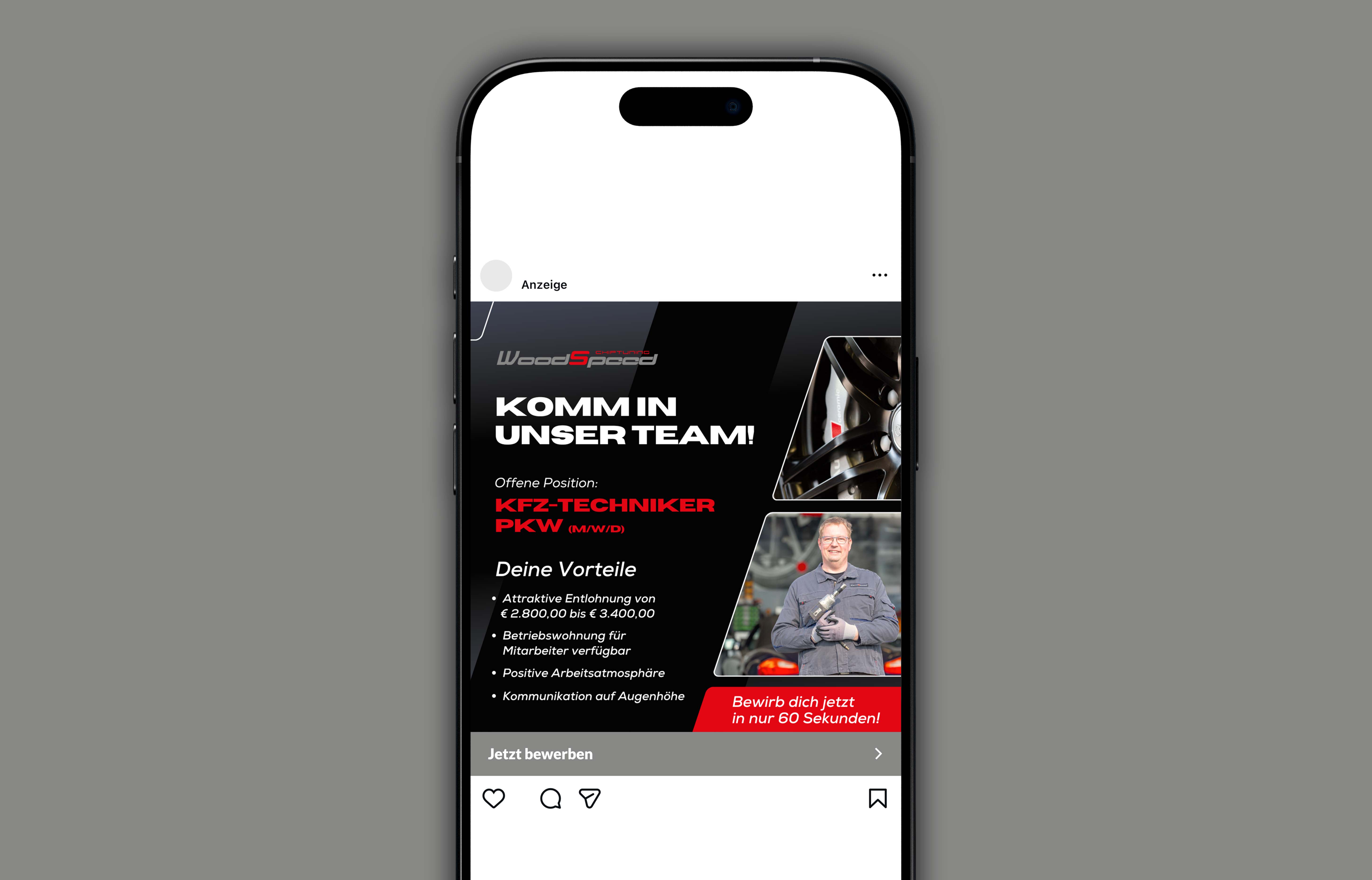 Instagram-Werbung von WoodSpeed sucht KFZ-Techniker PKW (m/w/d) mit Vorteilen wie attraktiver Bezahlung, Betriebswohnung und positiver Arbeitsatmosphäre.