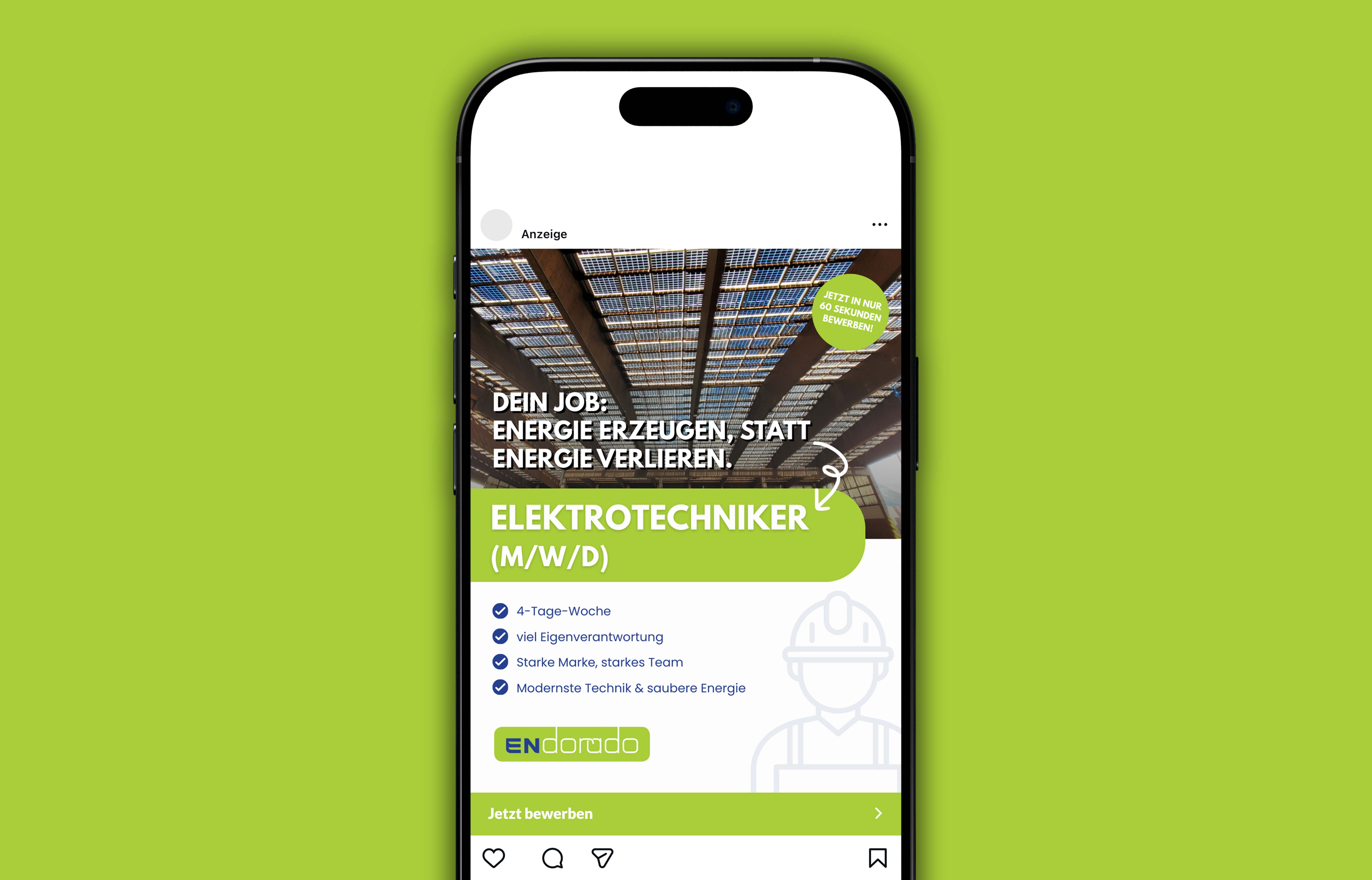 Instagram-Stellenanzeige auf Smartphone-Bildschirm für Elektrotechniker (m/w/d) bei Endorado, mit Vorteilen wie 4-Tage-Woche, Eigenverantwortung und moderner Technik.