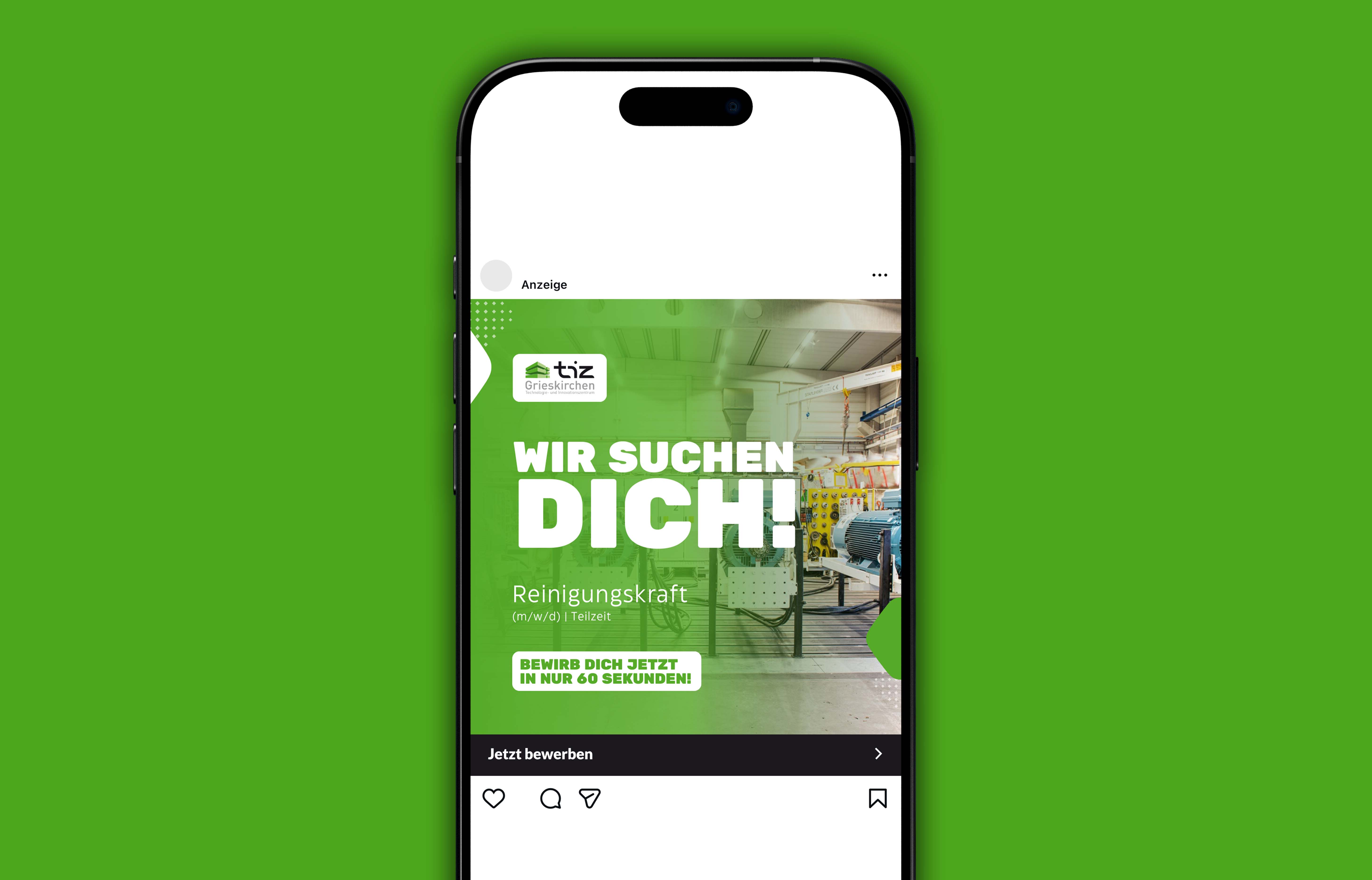 Stellenausschreibung auf Smartphone-Bildschirm mit grünem Hintergrund: tiz Grieskirchen sucht Reinigungskraft (m/w/d) in Teilzeit, mit Aufforderung zur Bewerbung in 60 Sekunden.