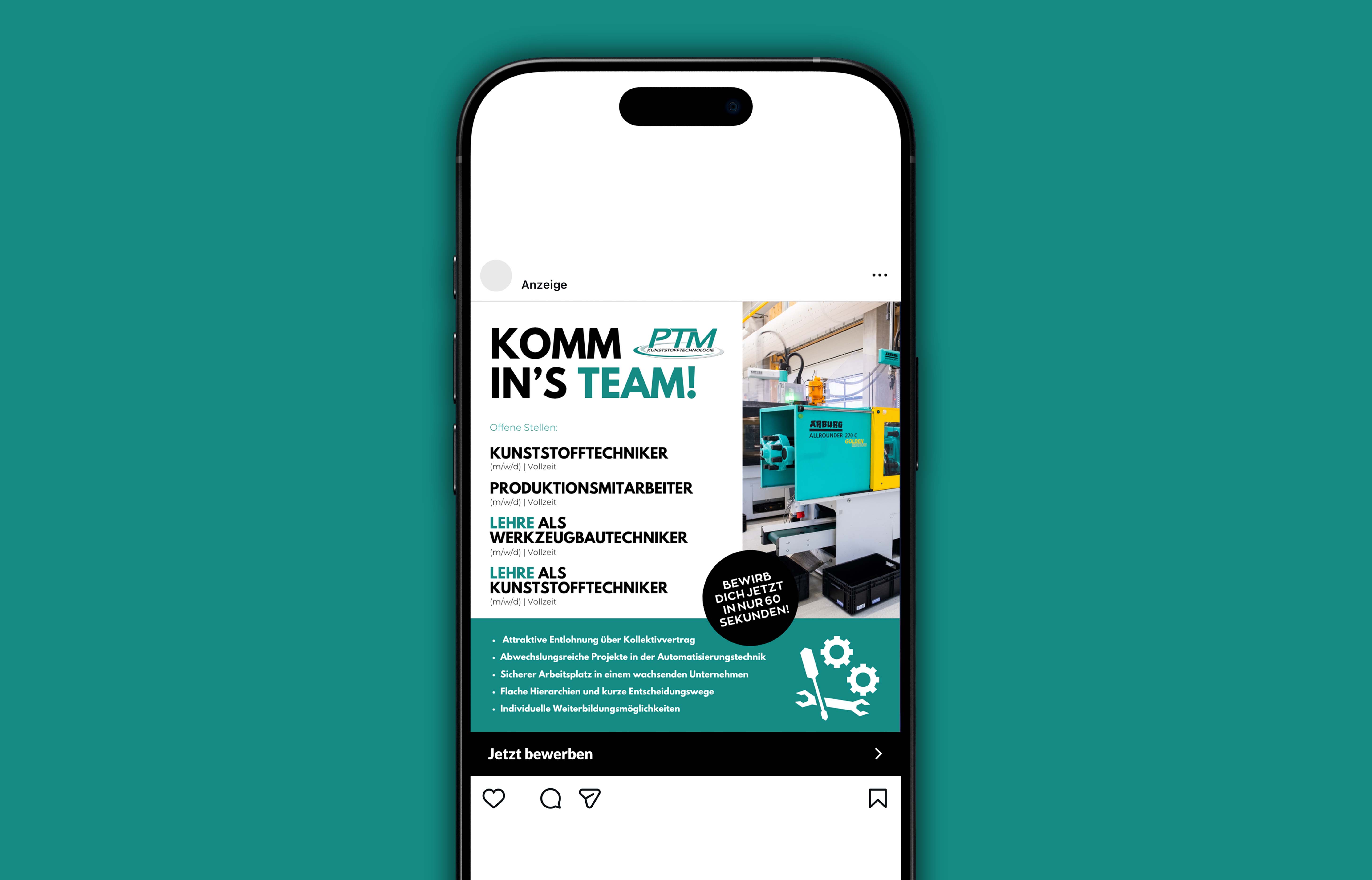 Anzeige auf einem Smartphone-Bildschirm mit Stellenangeboten bei PTM Kunststofftechnologie, darunter Kunststofftechniker, Produktionsmitarbeiter und Lehrstellen, sowie einem Bild einer Spritzgussmaschine.