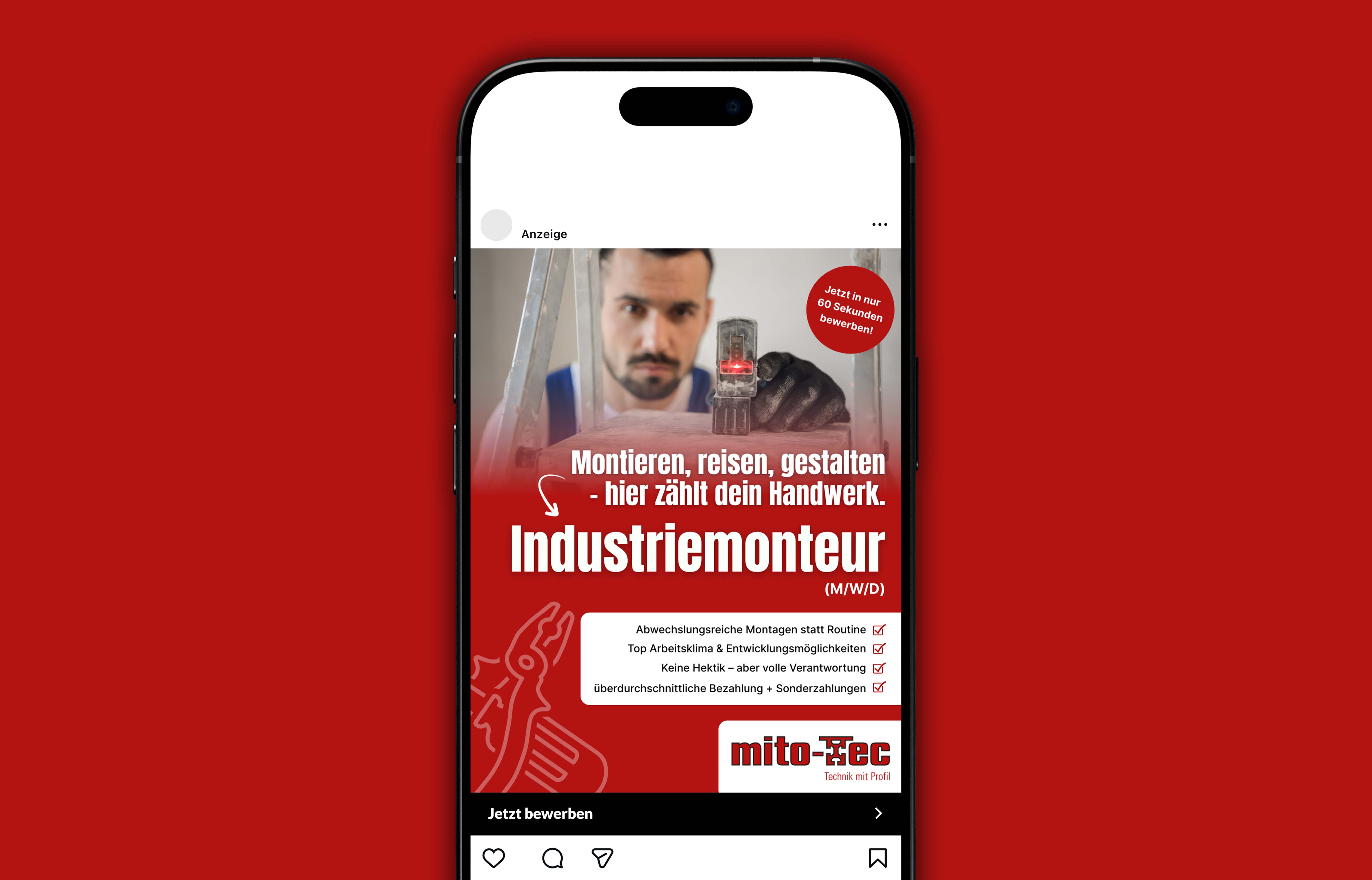 Instagram-Werbung auf Smartphone-Bildschirm für die Stelle als Industriemonteur mit Bild eines Mannes, der ein Messgerät hält.