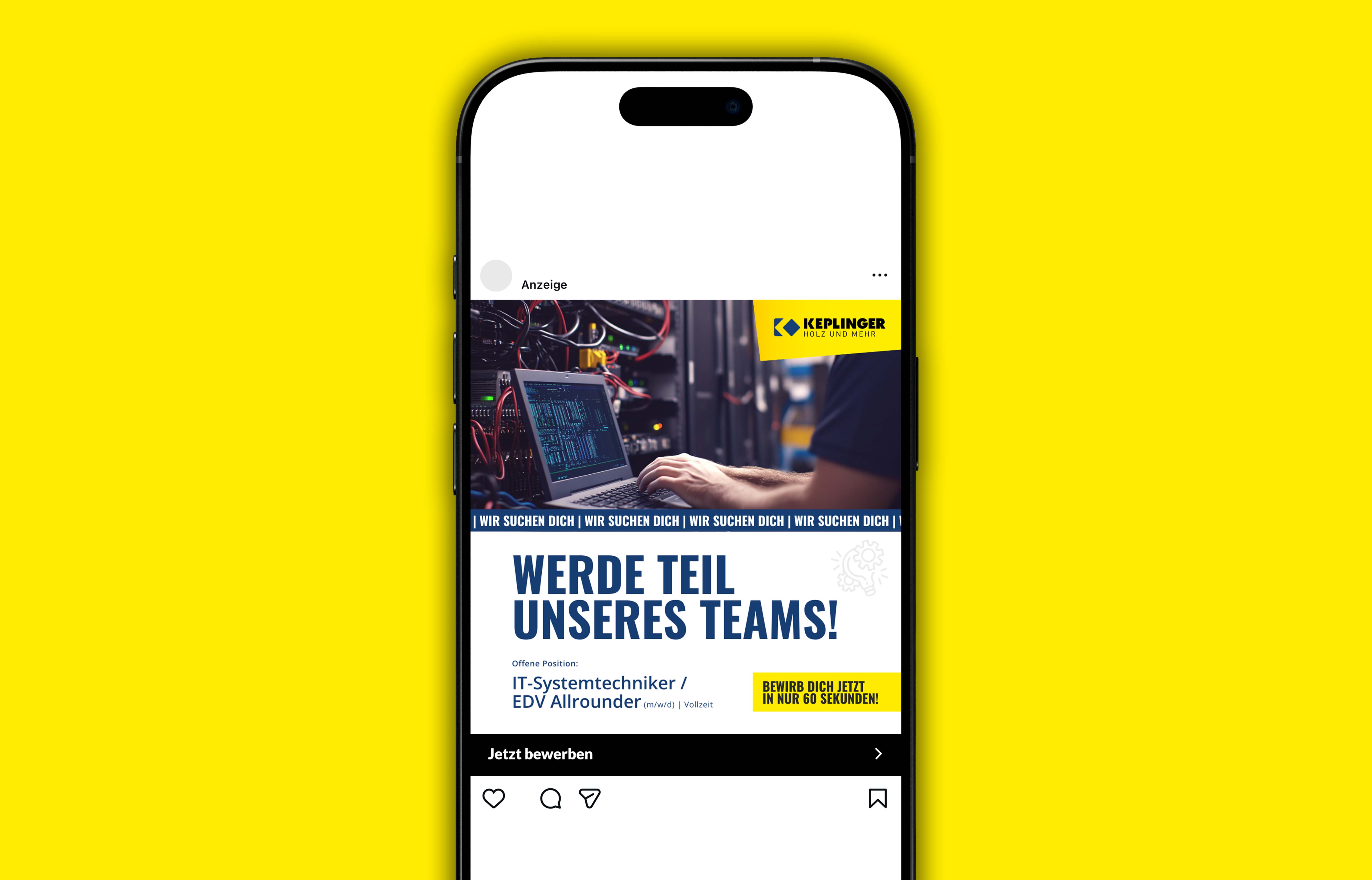 Smartphone zeigt eine Stellenanzeige von Keplinger Holz und Mehr für IT-Systemtechniker/EDV Allrounder mit Aufruf zur Bewerbung in 60 Sekunden.