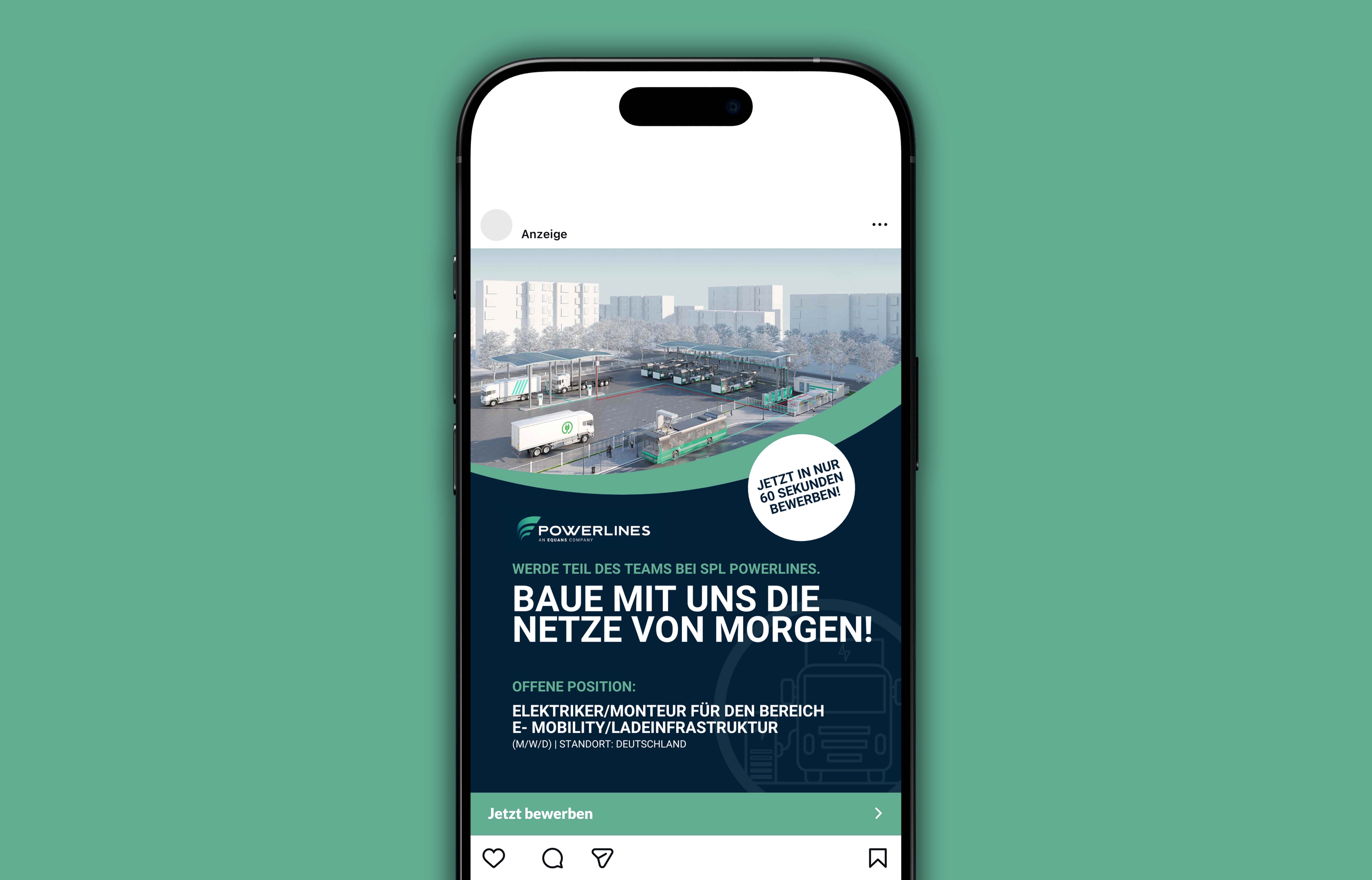 Anzeige auf einem Smartphone-Bildschirm zeigt eine E-Ladeinfrastruktur mit Bussen und LKWs, Stellenangebot für Elektriker/Monteur bei SPL Powerlines, Bewerbung in 60 Sekunden möglich.