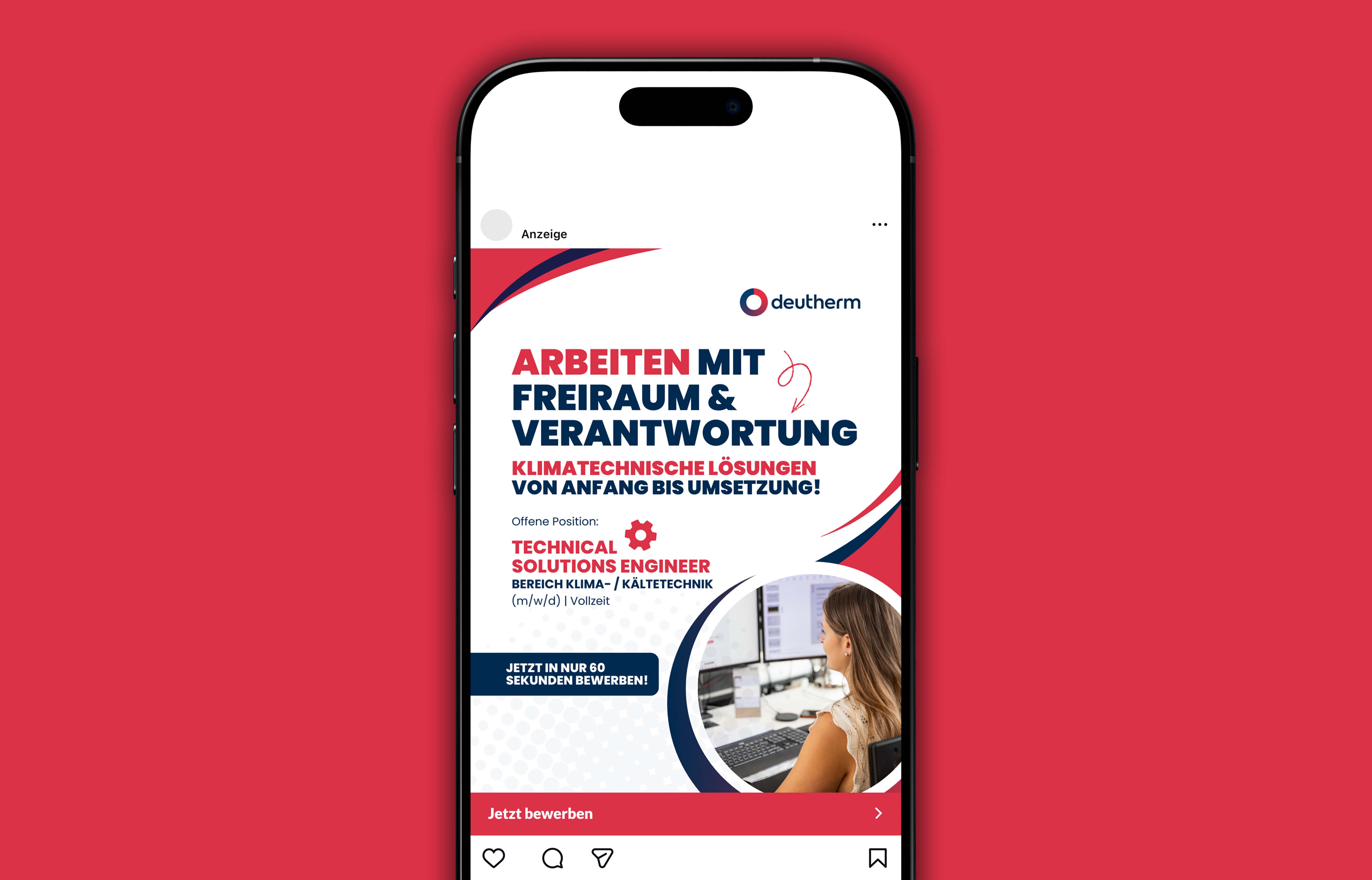 Deutherm-Stellenanzeige auf einem Smartphone-Bildschirm für Technical Solutions Engineer im Bereich Klima- und Kältetechnik mit Bild einer Frau vor Monitoren.