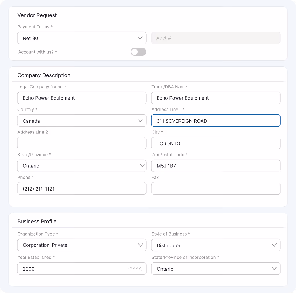 Vendor application form interface