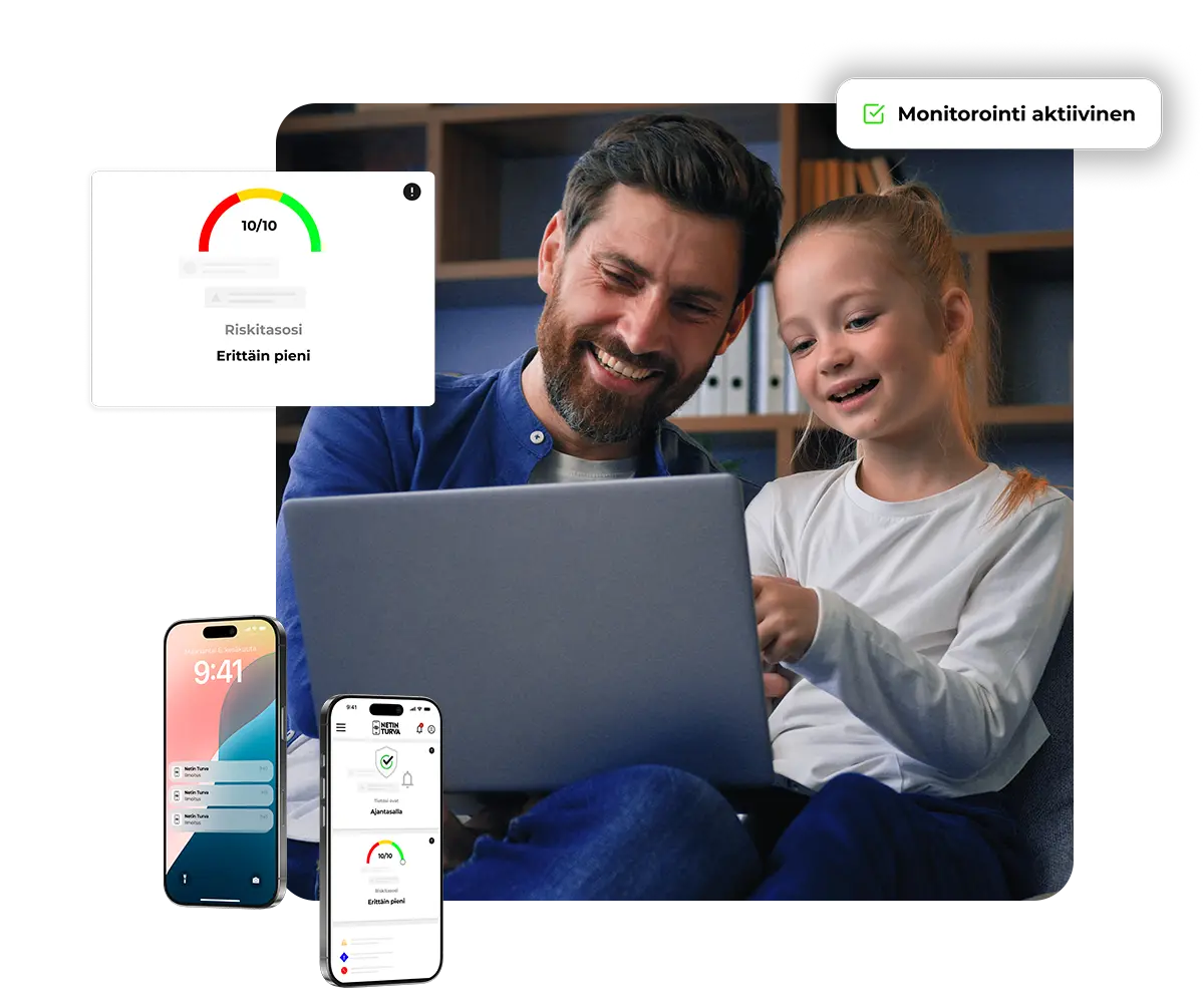 Mies ja lapsi sohvalla kannettavan tietokoneen äärellä. Ympärillä Netin Turvan tuotteiden visuaalisia elementtejä.
