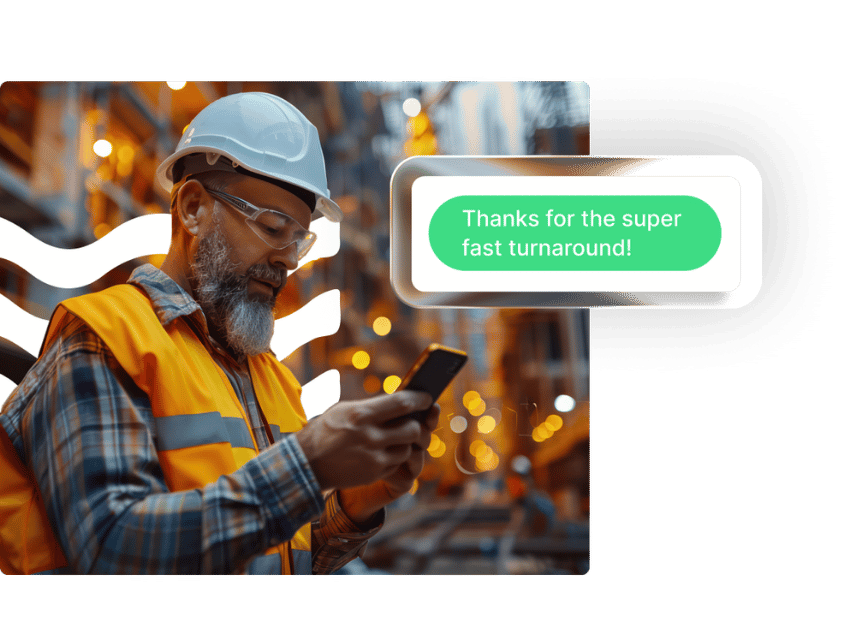 Man receiving text message that says "Got everything right on time! Thanks for the super fast turnaround!"
