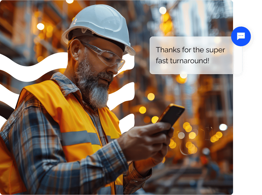 Man receiving text message that says "Got everything right on time! Thanks for the super fast turnaround!"