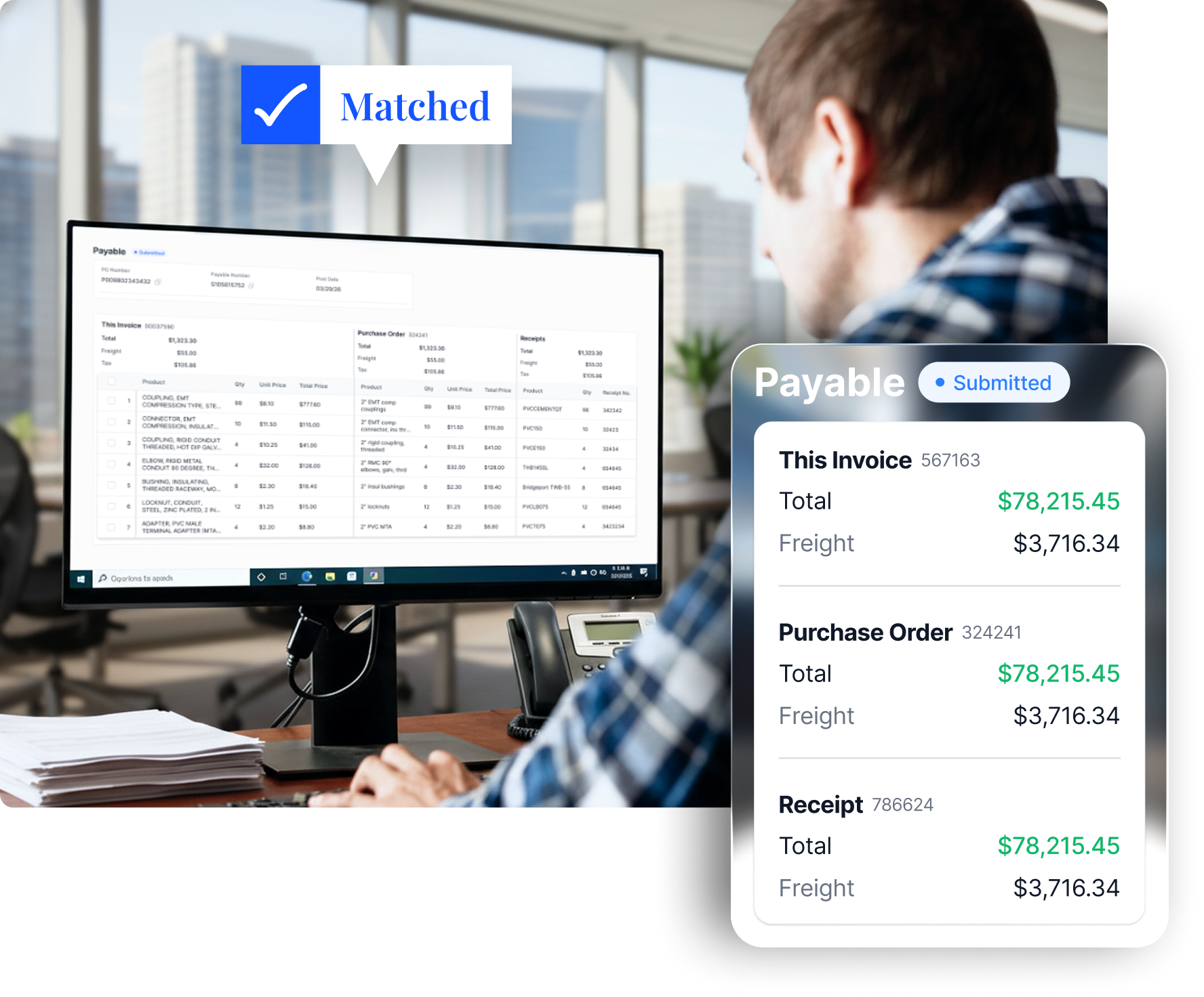 Save time and eliminate manual review with automated invoice processing, PO matching, and submissions for contractors