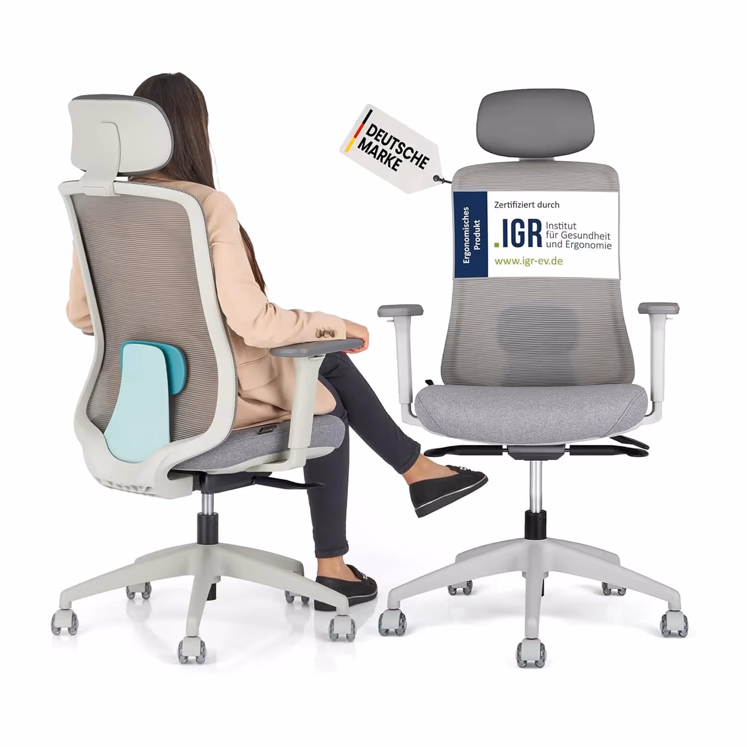 Ergonomischer Bürostuhl SCHEKKA ERGOPRIME Pro mit Netzrückenlehne, Kopfstütze und Lendenstütze, dargestellt in Front- und Rückenansicht