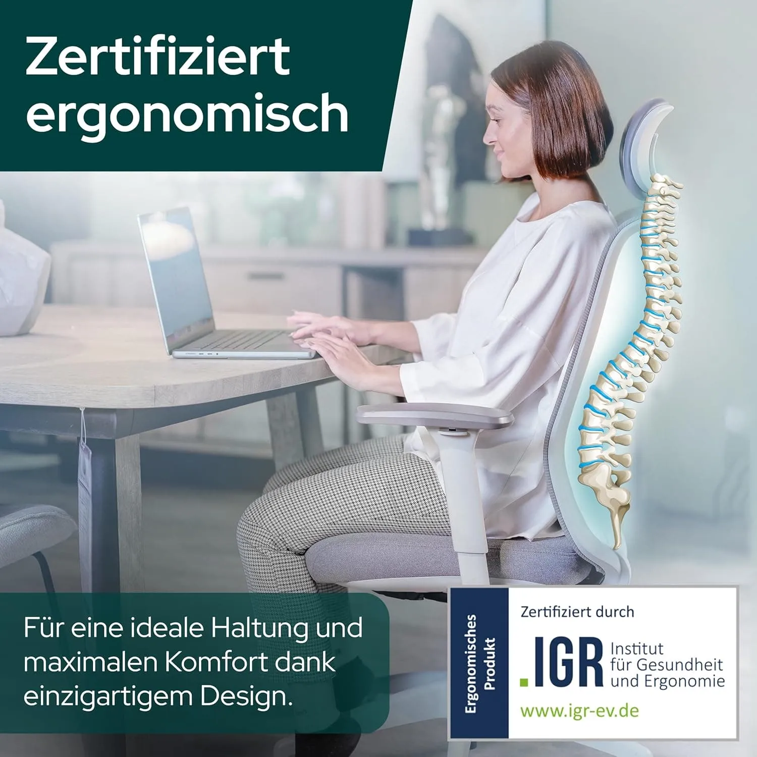 Ergonomisches Sitzen auf dem SCHEKKA ERGOPRIME Pro Bürostuhl mit Unterstützung der Wirbelsäule, zertifiziert durch das IGR Institut