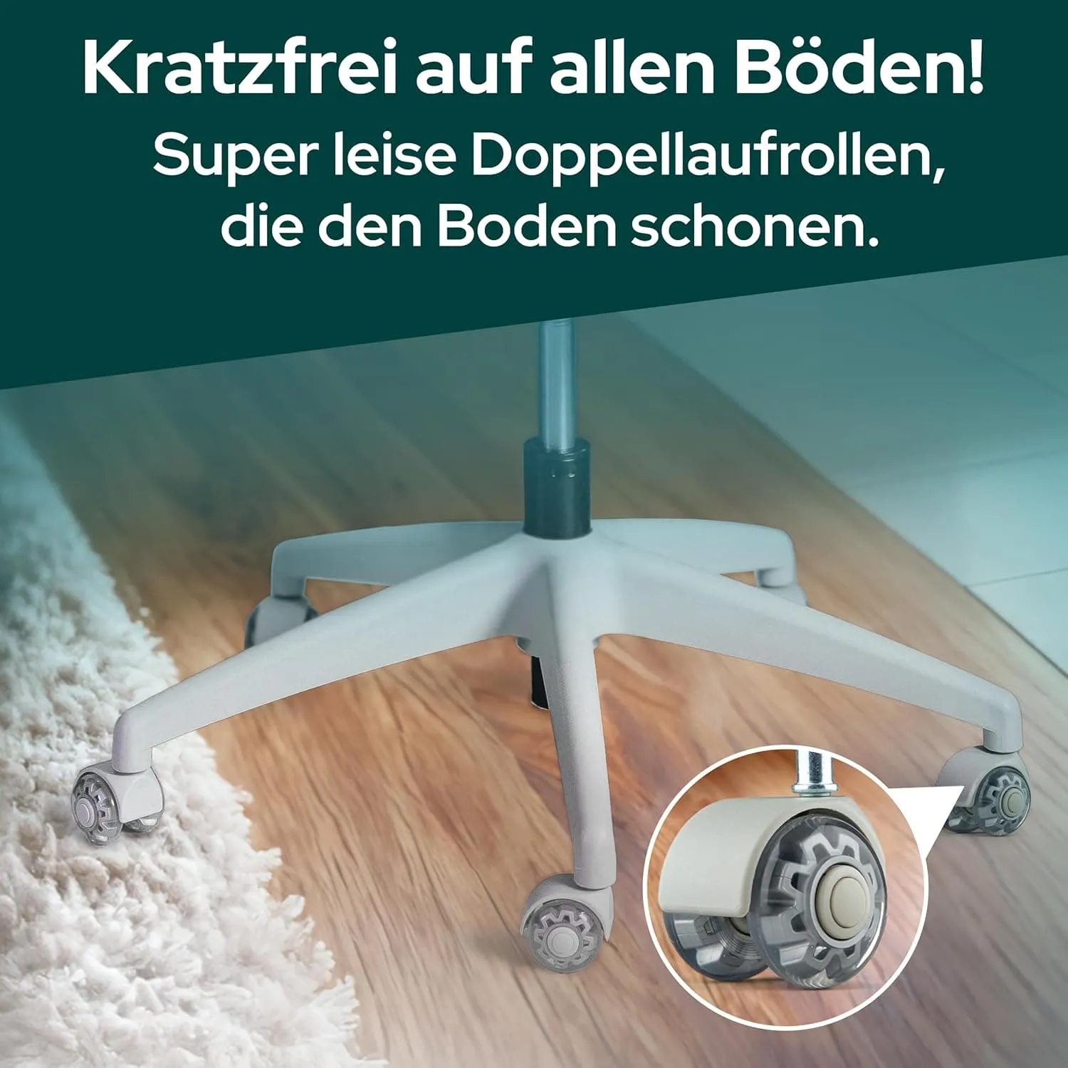 Kratzerfreie Doppelrollen des SCHEKKA ERGOPRIME Pro Bürostuhls für leises und bodenschonendes Rollen auf Hart- und Teppichböden