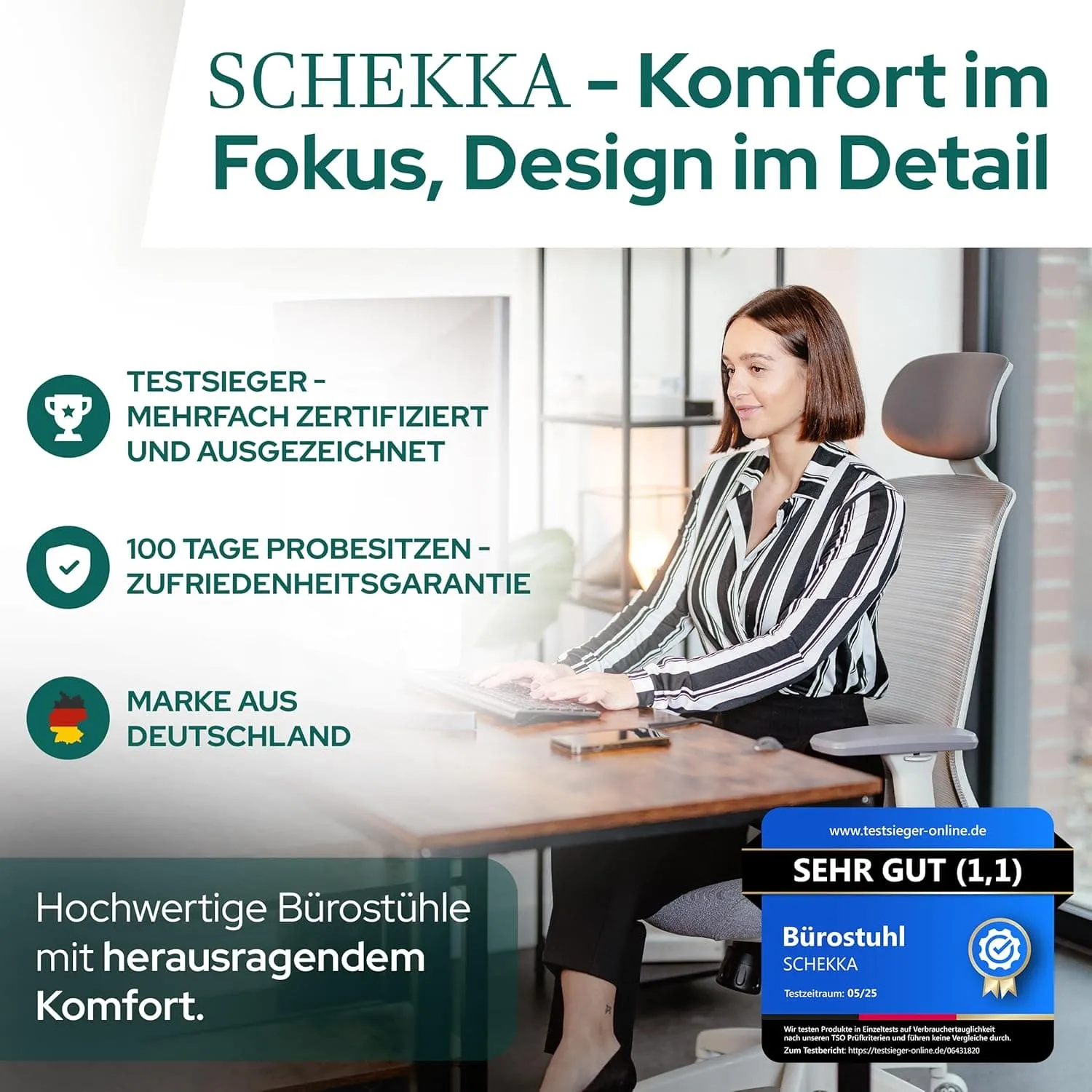 SCHEKKA ERGOPRIME Pro Bürostuhl im Büroeinsatz mit Testsieger-Auszeichnung und Bewertung „Sehr gut (1,1)“