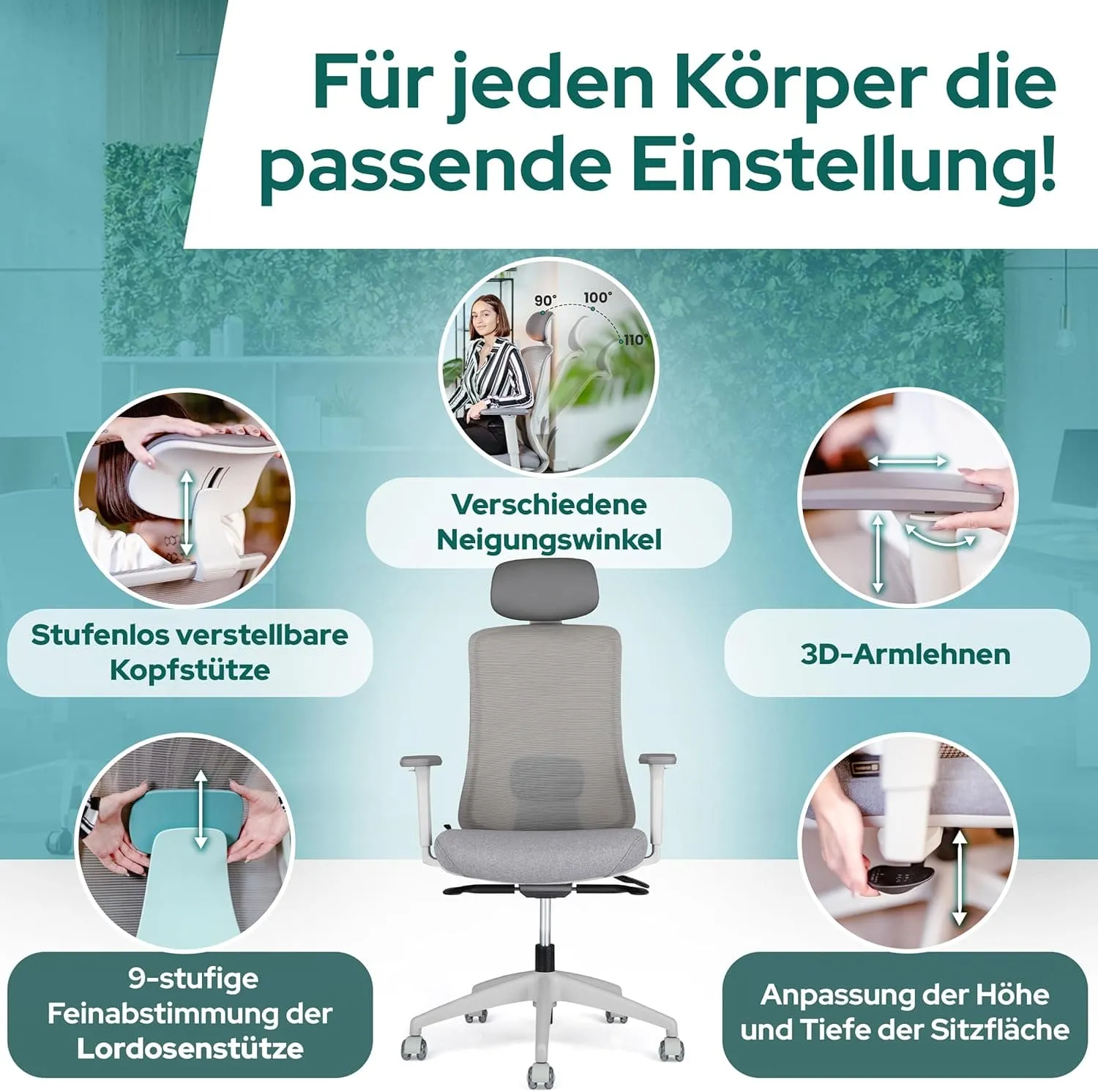 Einstellmöglichkeiten des SCHEKKA ERGOPRIME Pro Bürostuhls mit stufenlos verstellbarer Kopfstütze, 3D-Armlehnen, verschiedenen Neigungswinkeln sowie höhen- und tiefenverstellbarer Sitzfläche