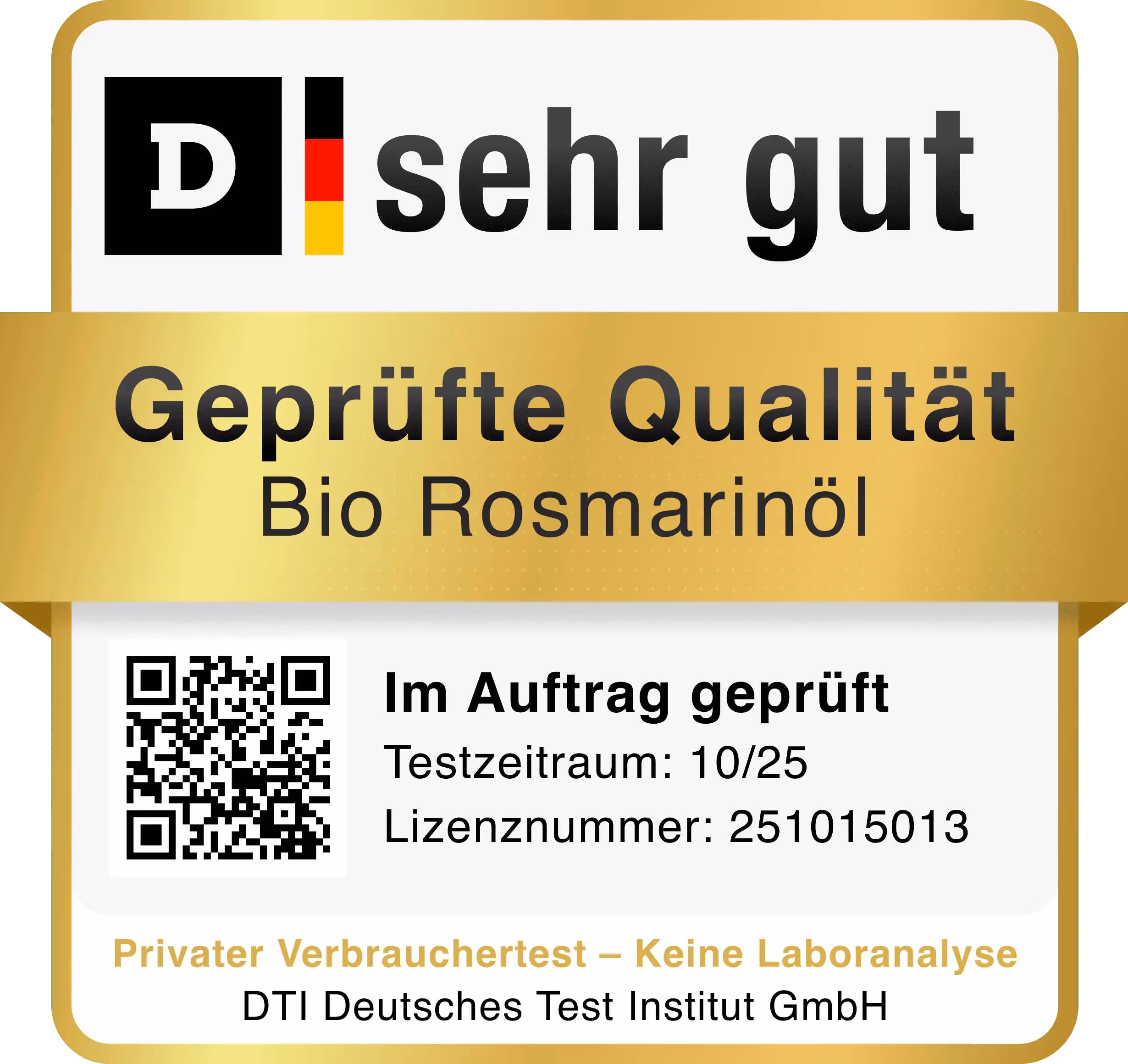 DTI-Prüfsiegel „Sehr gut“ für das ätherische Bio-Rosmarinöl von Anthos Botanicals (12 ml) – geprüfte Qualität im privaten Verbrauchertest des Deutschen Test Instituts, Lizenznummer 251015013