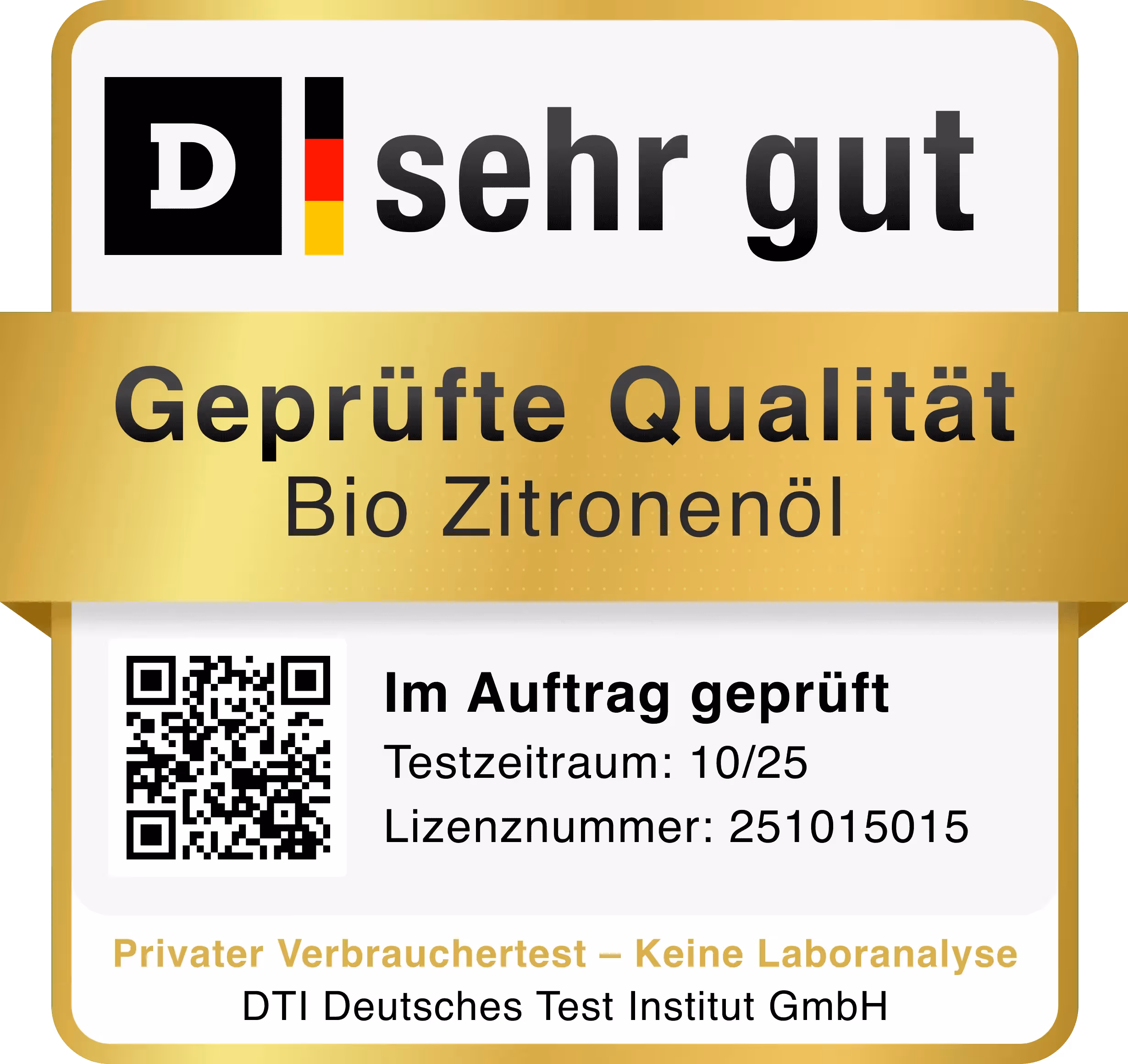 DTI-Prüfsiegel „Sehr gut“ für das ätherische Bio-Zitronenöl von Anthos Botanicals (12 ml) – geprüfte Qualität im privaten Verbrauchertest des Deutschen Test Instituts, Lizenznummer 251015015