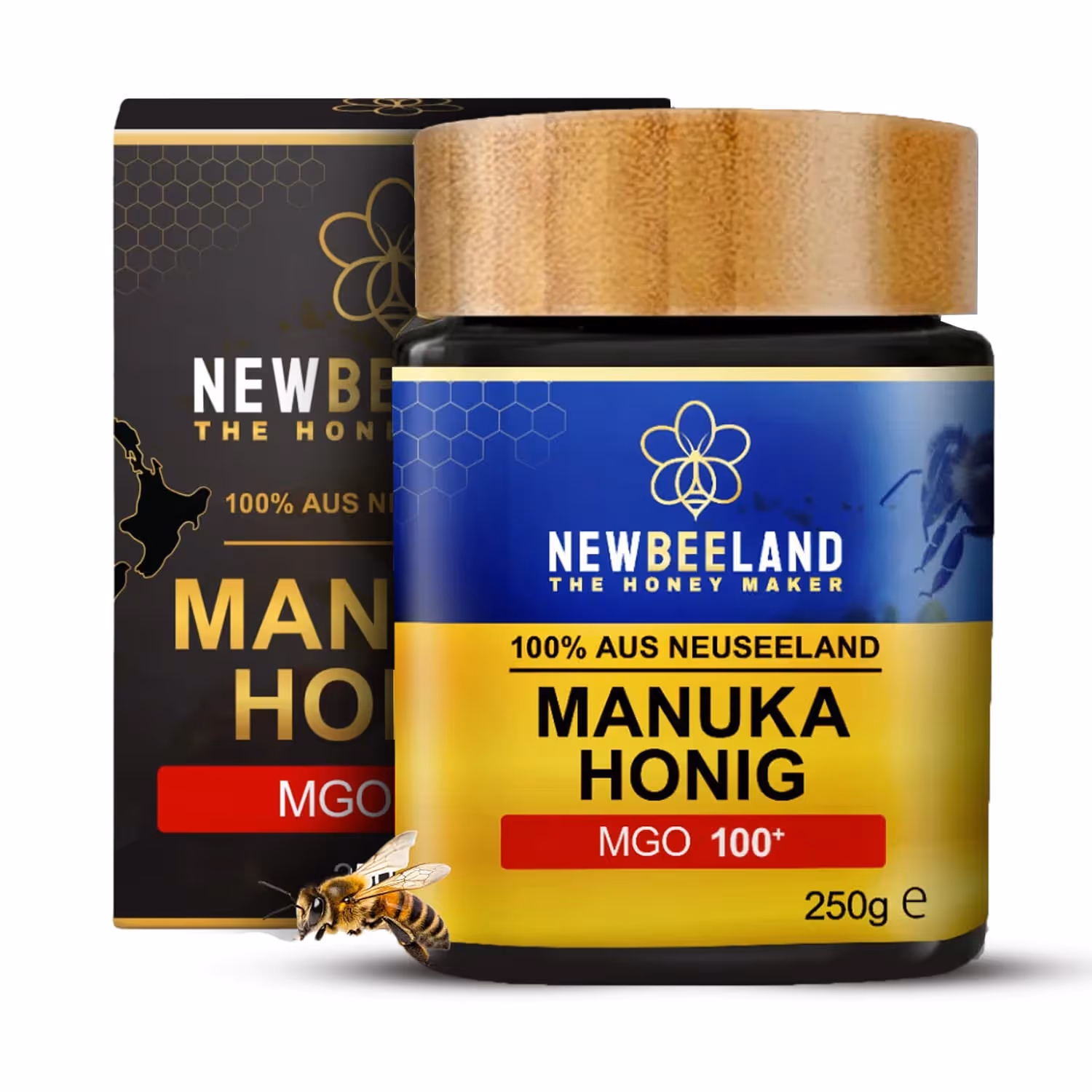 NewBeeland Manuka Honig MGO 100+ 250 g – Manuka-Honig aus Neuseeland im Glas mit Schraubdeckel und Produktverpackung, freigestelltes Produktbild