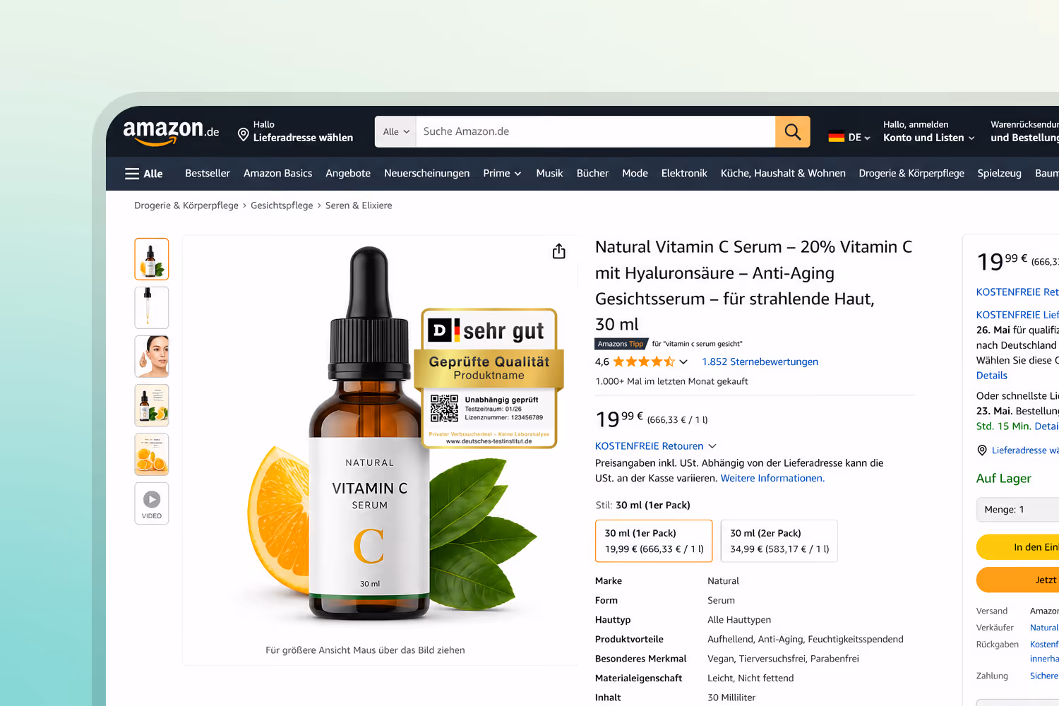 Amazon-Listing-Mockup mit Vitamin-C-Serum und Testsiegel als Vertrauenselement im Produktbild.